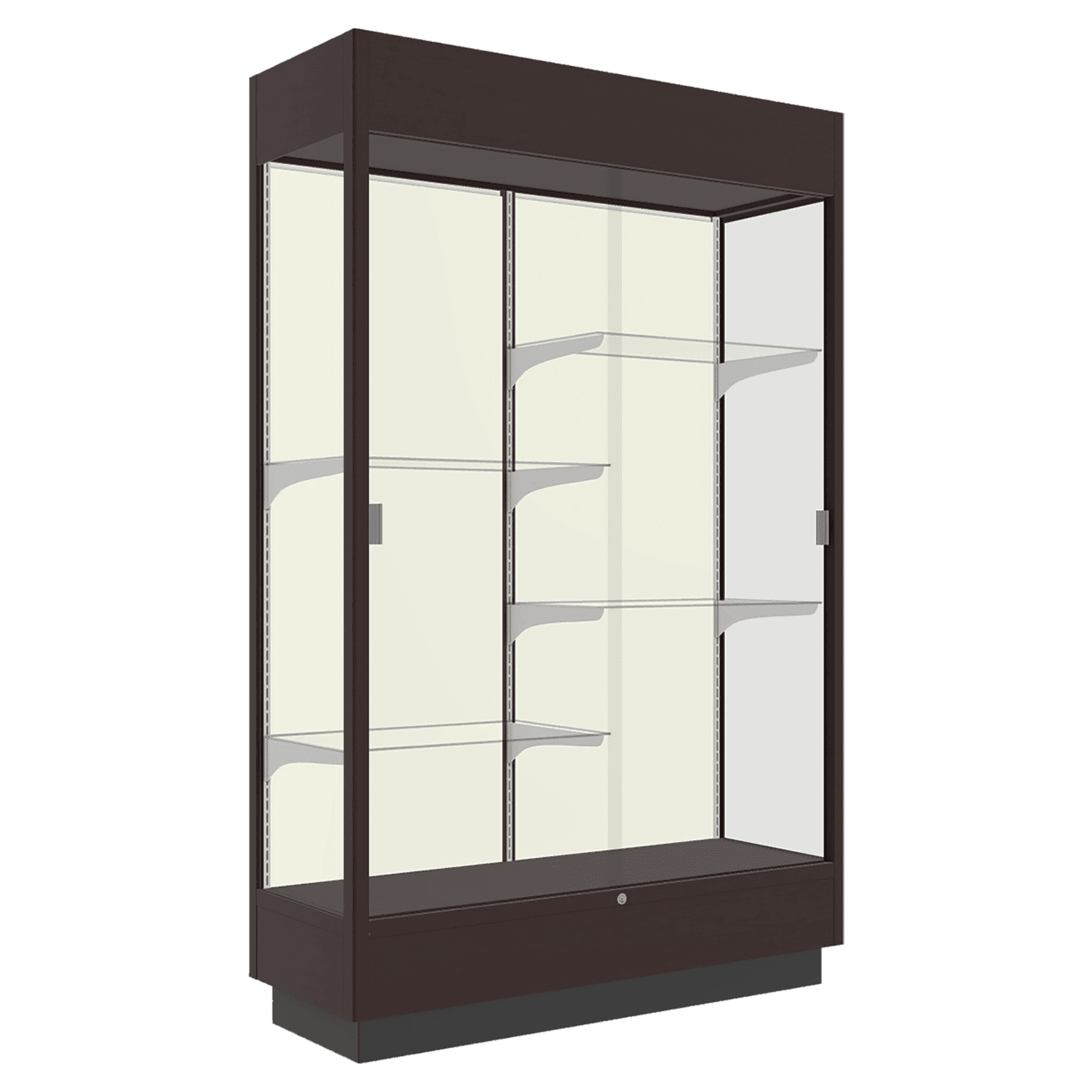 76"H x 48"W x 18"D Modern Cherry Hardwood, Plaque Fabric Back, Lighted, Heritage Wood Display Case