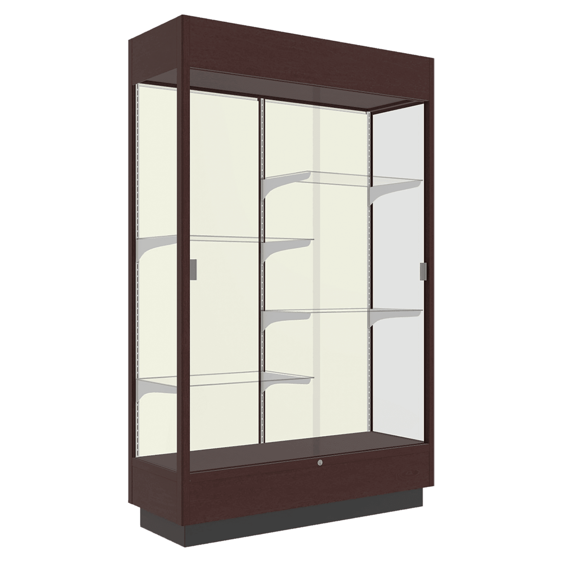 76"H x 48"W x 18"D Urban Walnut Hardwood, Plaque Fabric Back, Lighted, Heritage Wood Display Case