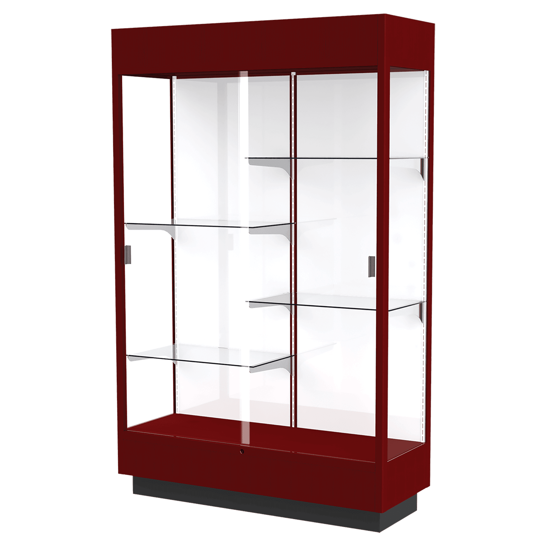 76"H x 48"W x 18"D Cordovan Hardwood, White Back, Lighted, Heritage Wood Display Case