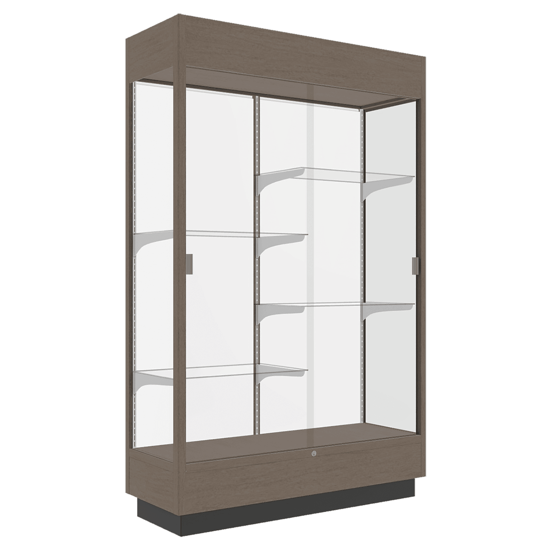 76"H x 48"W x 18"D Driftwood Hardwood, White Back, Lighted, Heritage Wood Display Case