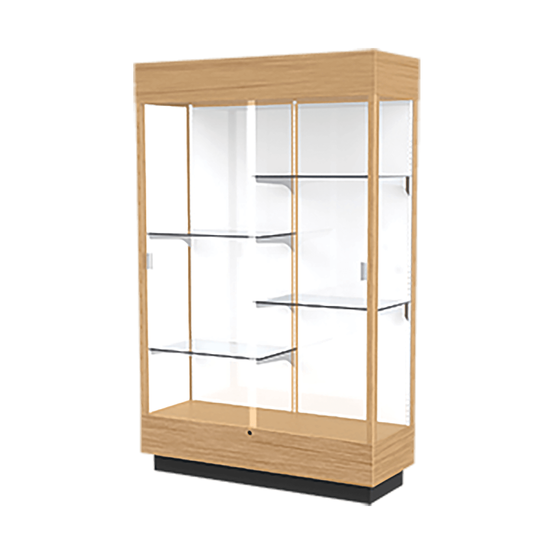 76"H x 48"W x 18"D Natural Maple Hardwood, White Back, Lighted, Heritage Wood Display Case