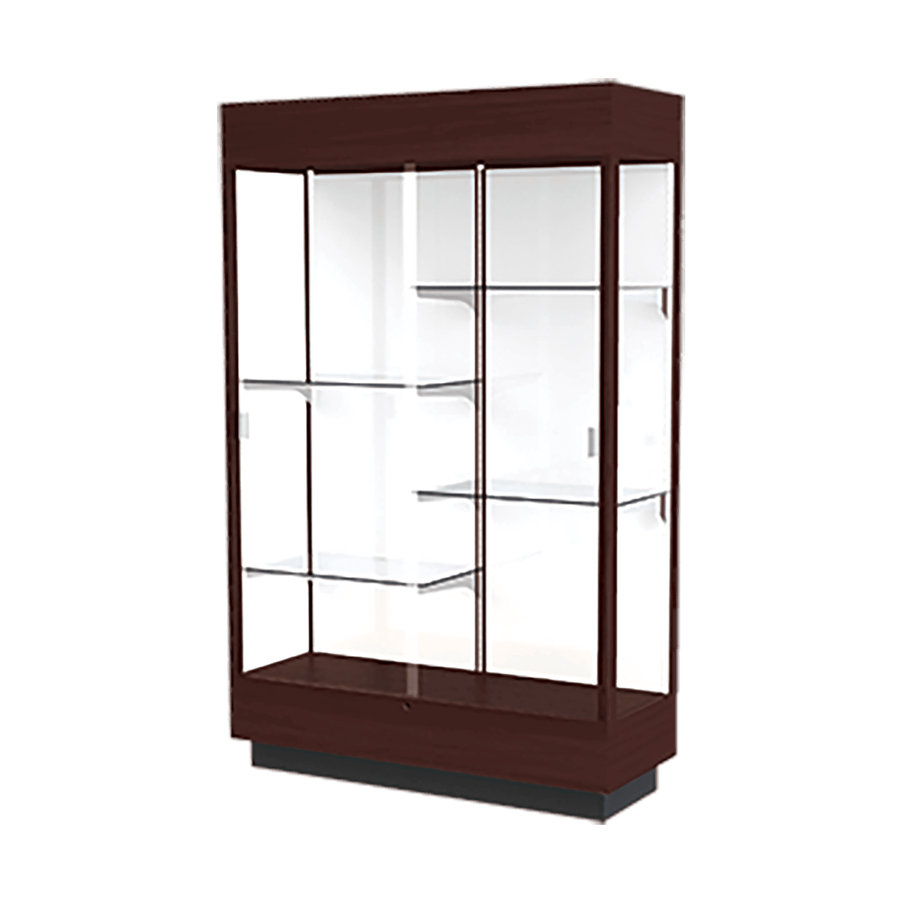 76"H x 48"W x 18"D Java Hardwood, White Back, Lighted, Heritage Wood Display Case
