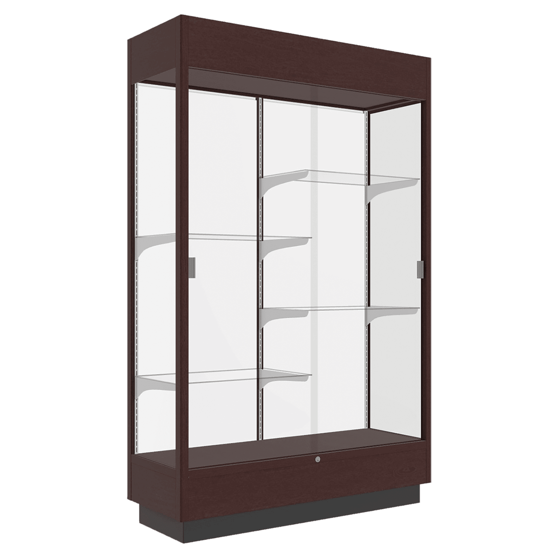 76"H x 48"W x 18"D Urban Walnut Oak Hardwood, White Back, Lighted, Heritage Wood Display Case