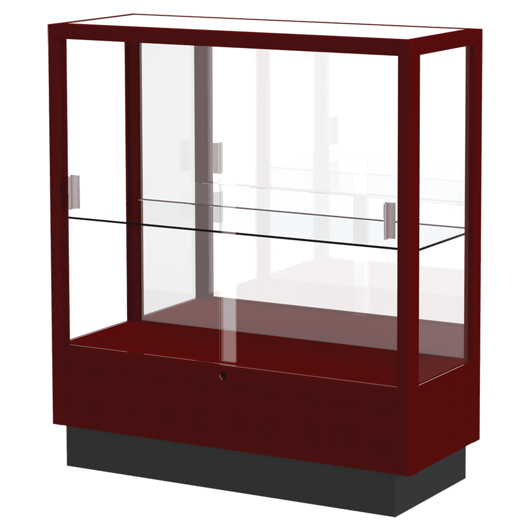 40"H x 36"W x 14"D Cordovan Hardwood, Mirror Back, Heritage Wood Display Case