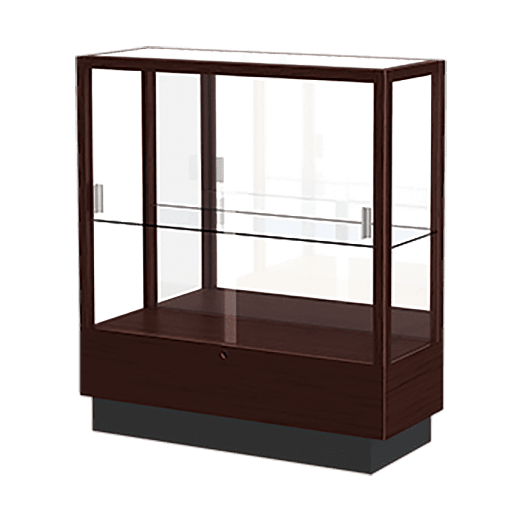 40"H x 36"W x 14"D Java Hardwood, Mirror Back, Heritage Wood Display Case