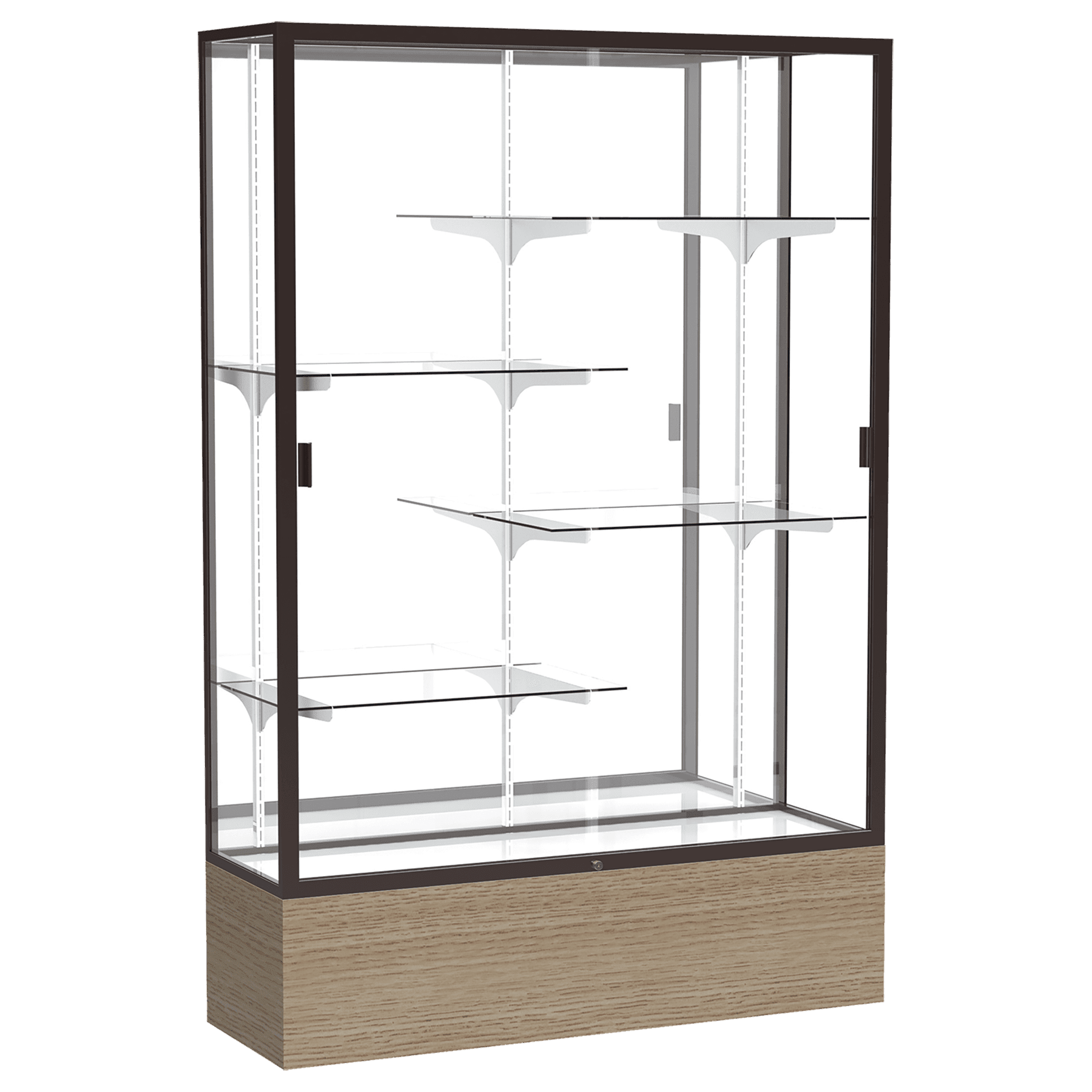 72"H x 48"W x 16"D Driftwood Oak Finish, Mirror Back, Dark Bronze Aluminum Frame, Reliant Display Case