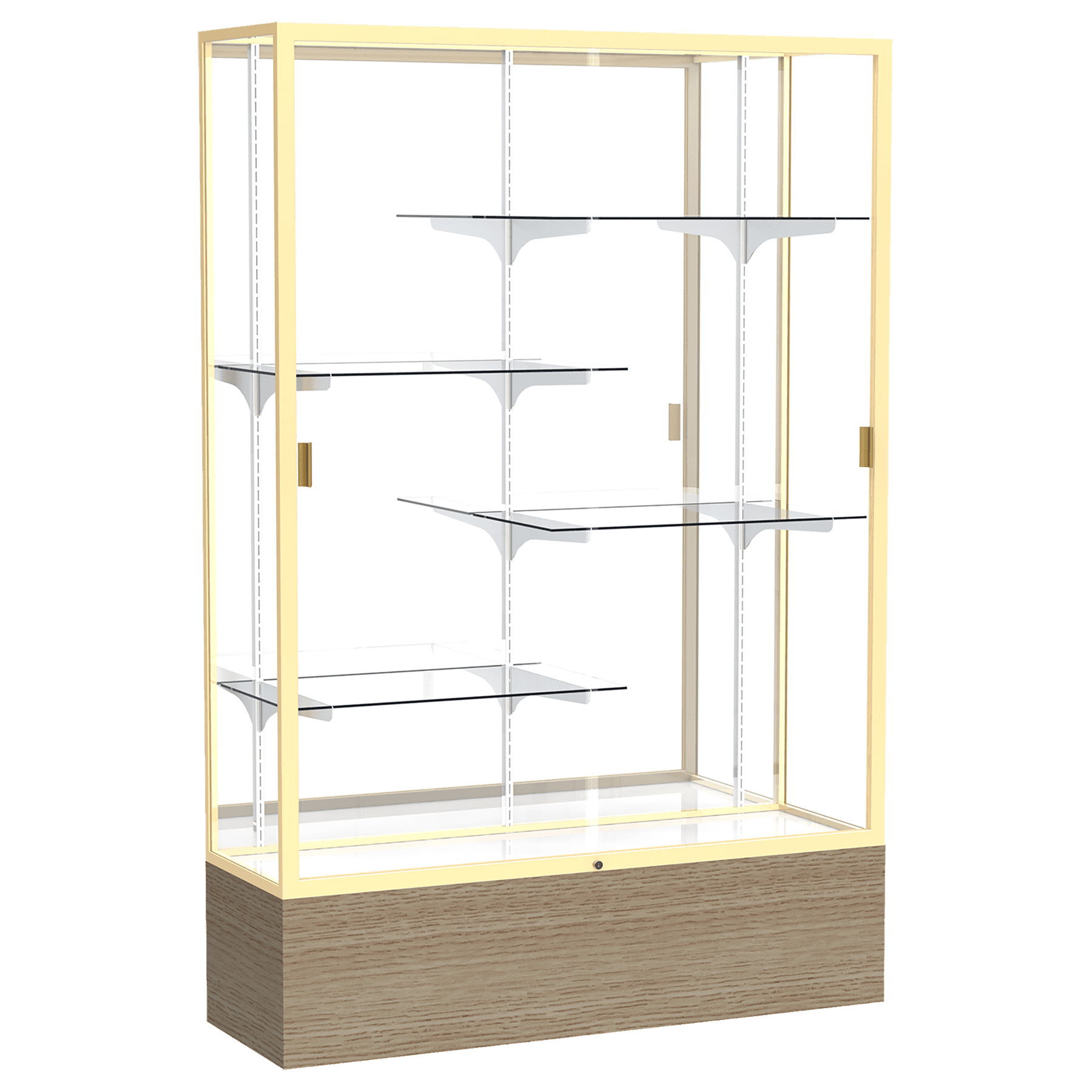 72"H x 48"W x 16"D Driftwood Oak Finish, Mirror Back, Champagne Aluminum Frame, Reliant Display Case