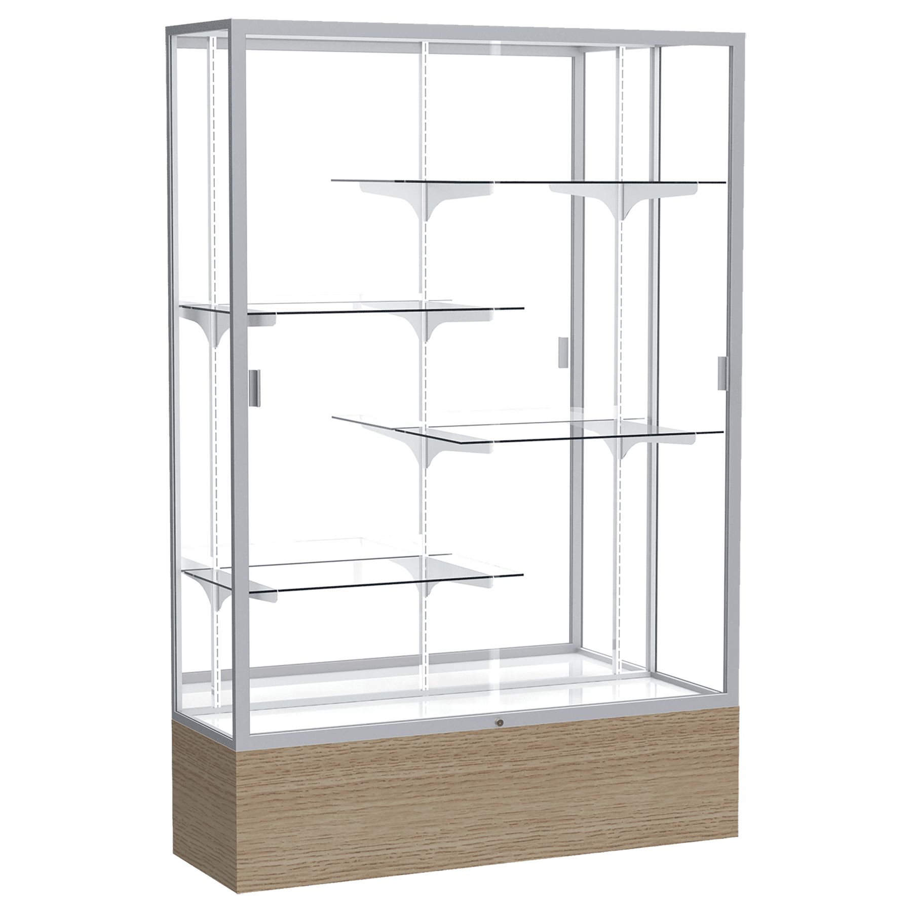 72"H x 48"W x 16"D Driftwood Oak Finish, Mirror Back, Satin Natural Aluminum Frame, Reliant Display Case