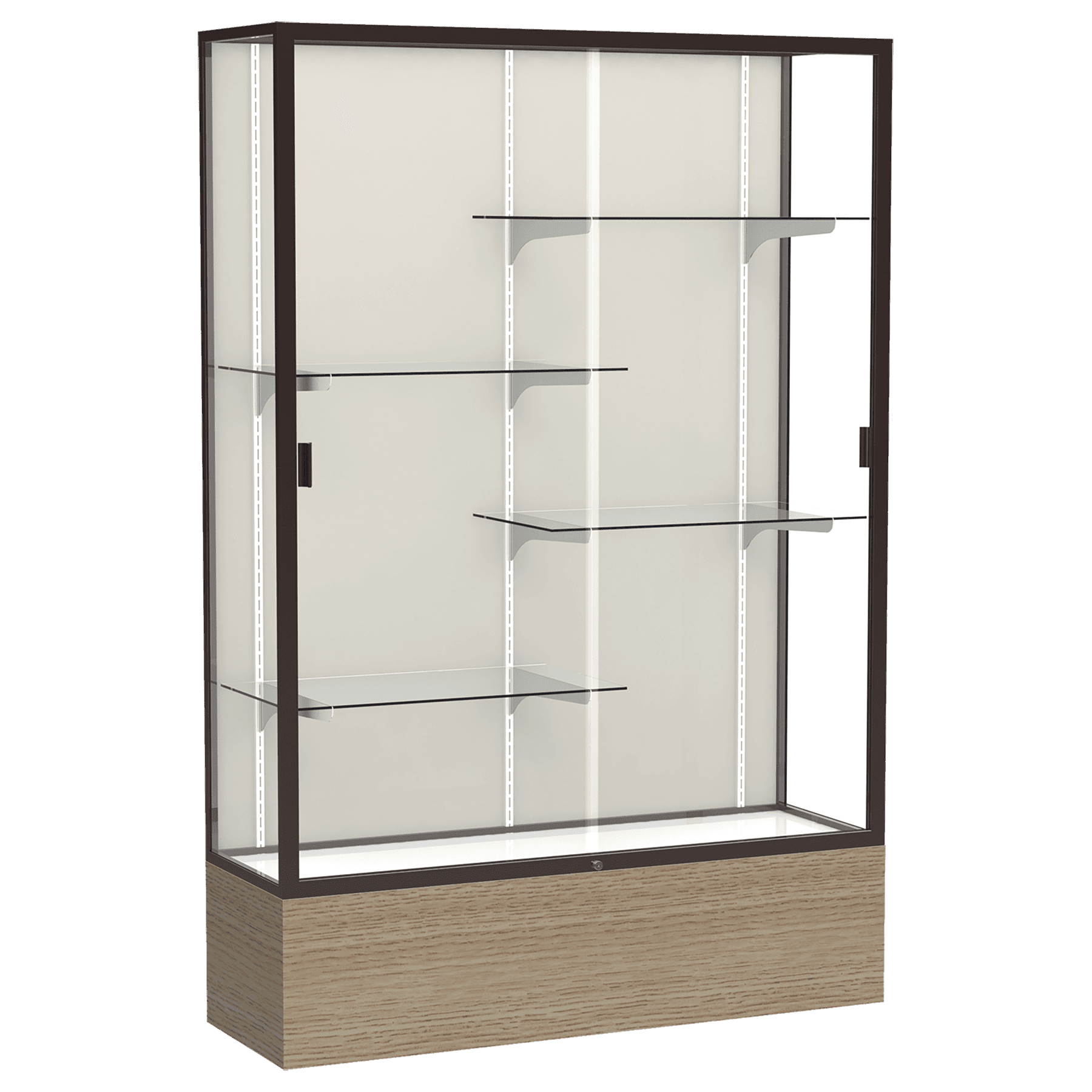 72"H x 48"W x 16"D Driftwood Oak Finish, Plaque Fabric Back, Dark Bronze Aluminum Frame, Reliant Display Case