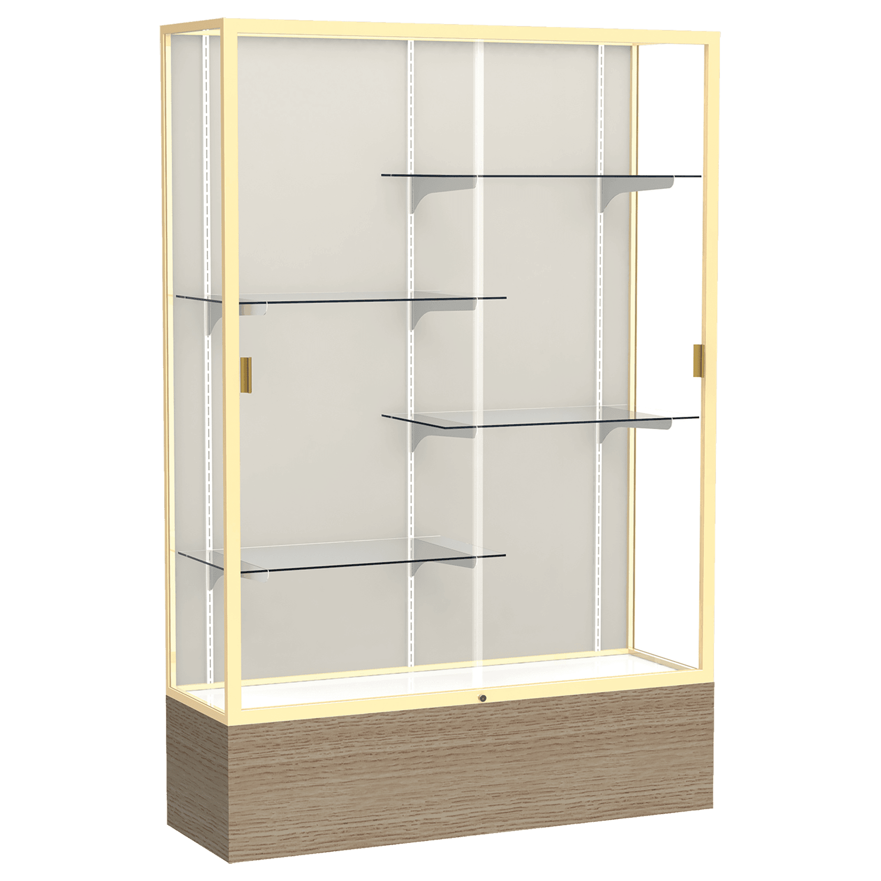 72"H x 48"W x 16"D Driftwood Oak Finish, Plaque Fabric Back, Champagne Aluminum Frame, Reliant Display Case