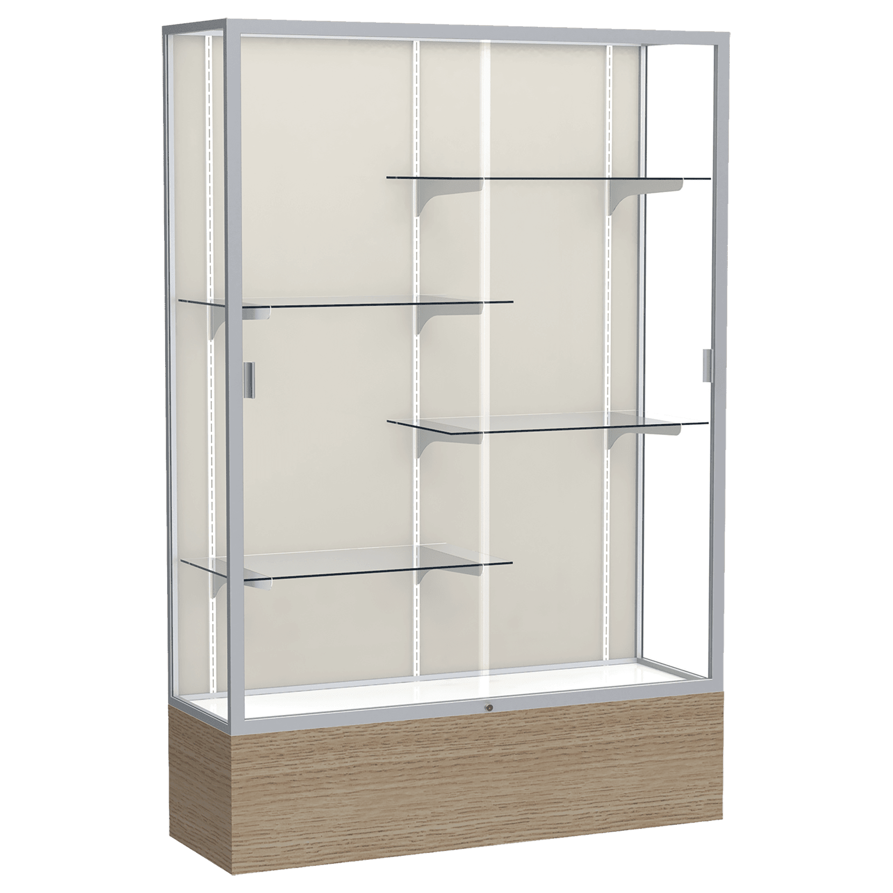 72"H x 48"W x 16"D Driftwood Oak Finish, Plaque Fabric Back, Satin Natural Aluminum Frame, Reliant Display Case
