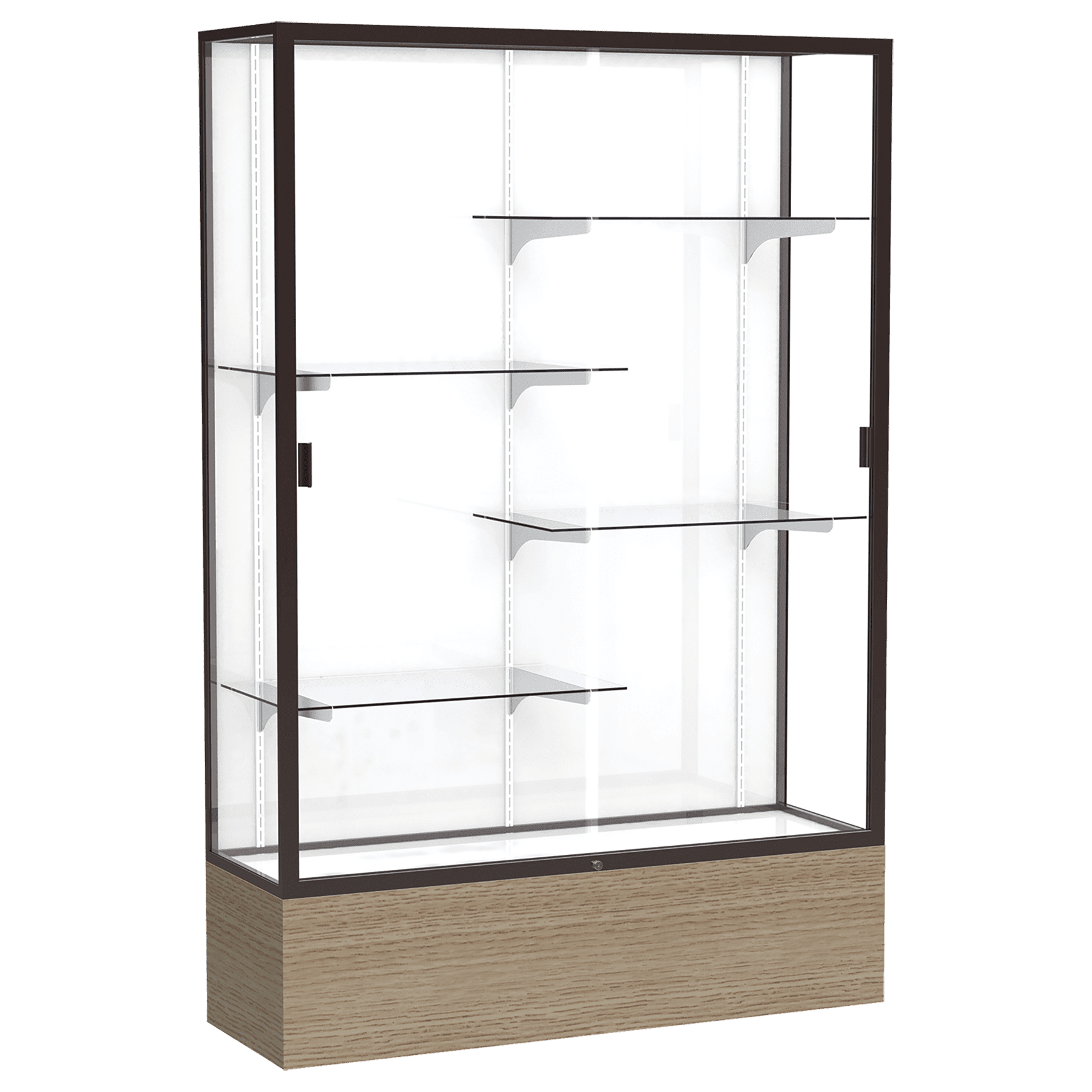 72"H x 48"W x 16"D Driftwood Oak Finish, White Laminate Back, Dark Bronze Aluminum Frame, Reliant Display Case
