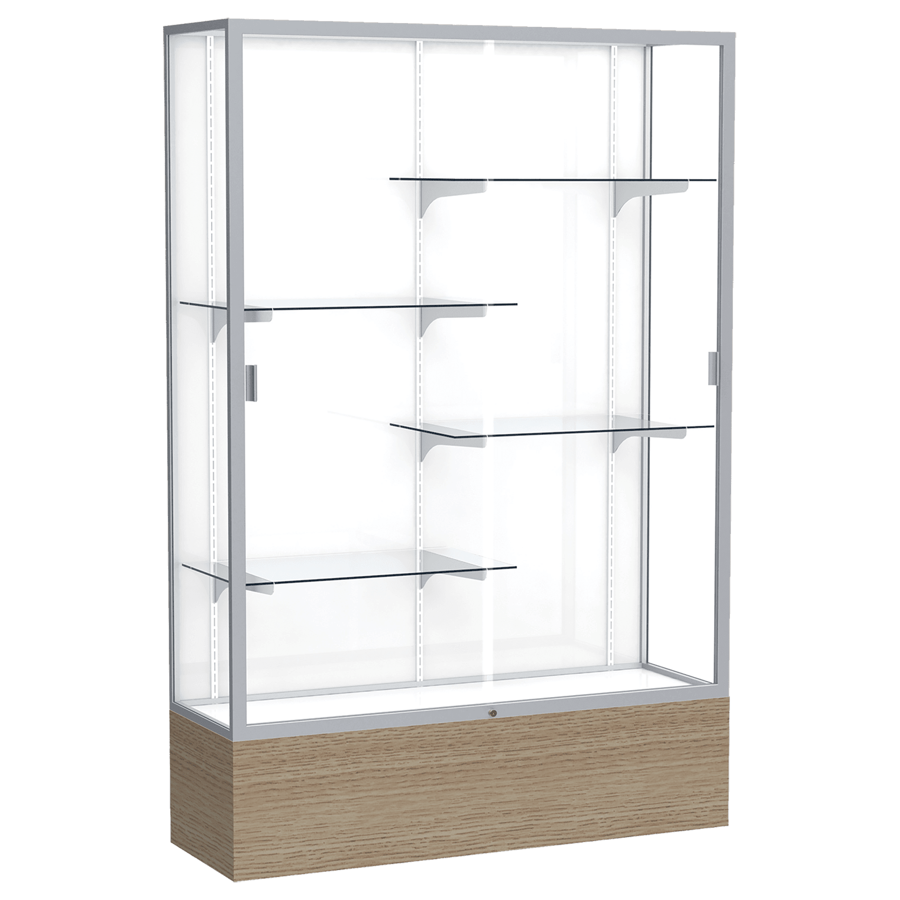 72"H x 48"W x 16"D Driftwood Oak Finish, White Laminate Back, Satin Natural Aluminum Frame, Reliant Display Case