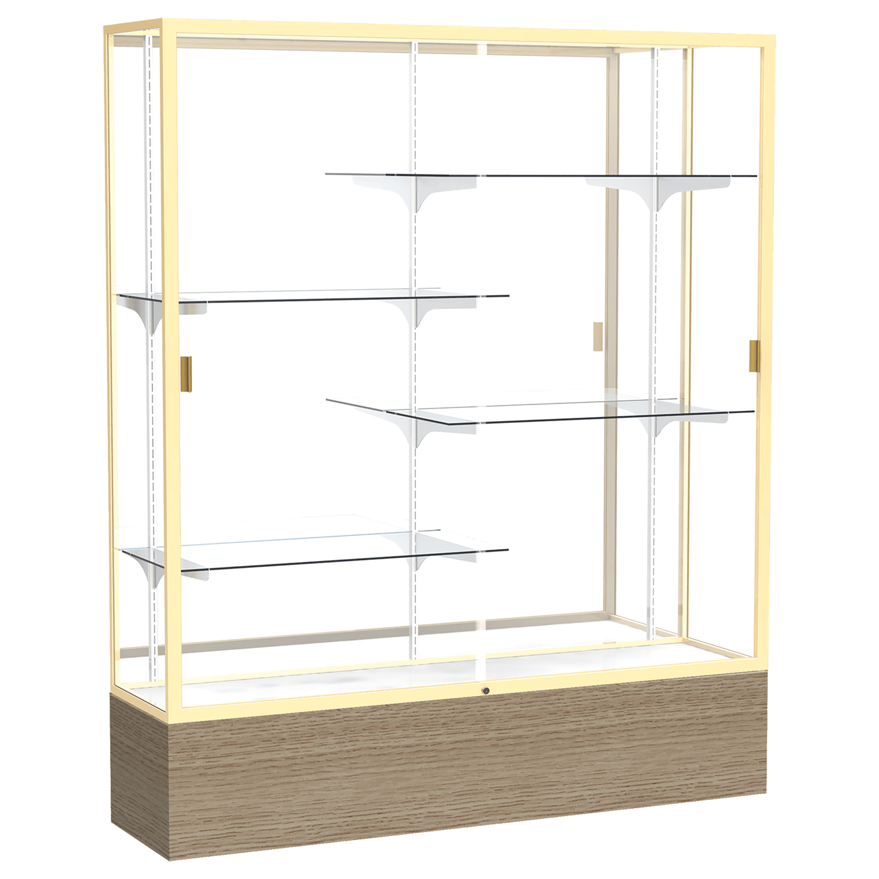 72"H x 60"W x 16"D Driftwood Oak Finish, Mirror Back, Champagne Aluminum Frame, Reliant Display Case