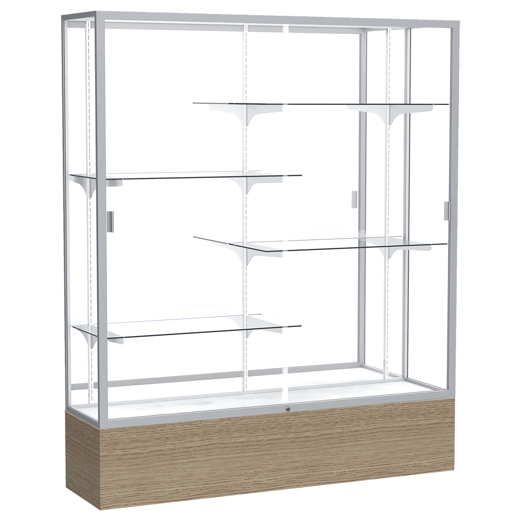72"H x 60"W x 16"D Driftwood Oak Finish, Mirror Back, Satin Natural Aluminum Frame, Reliant Display Case
