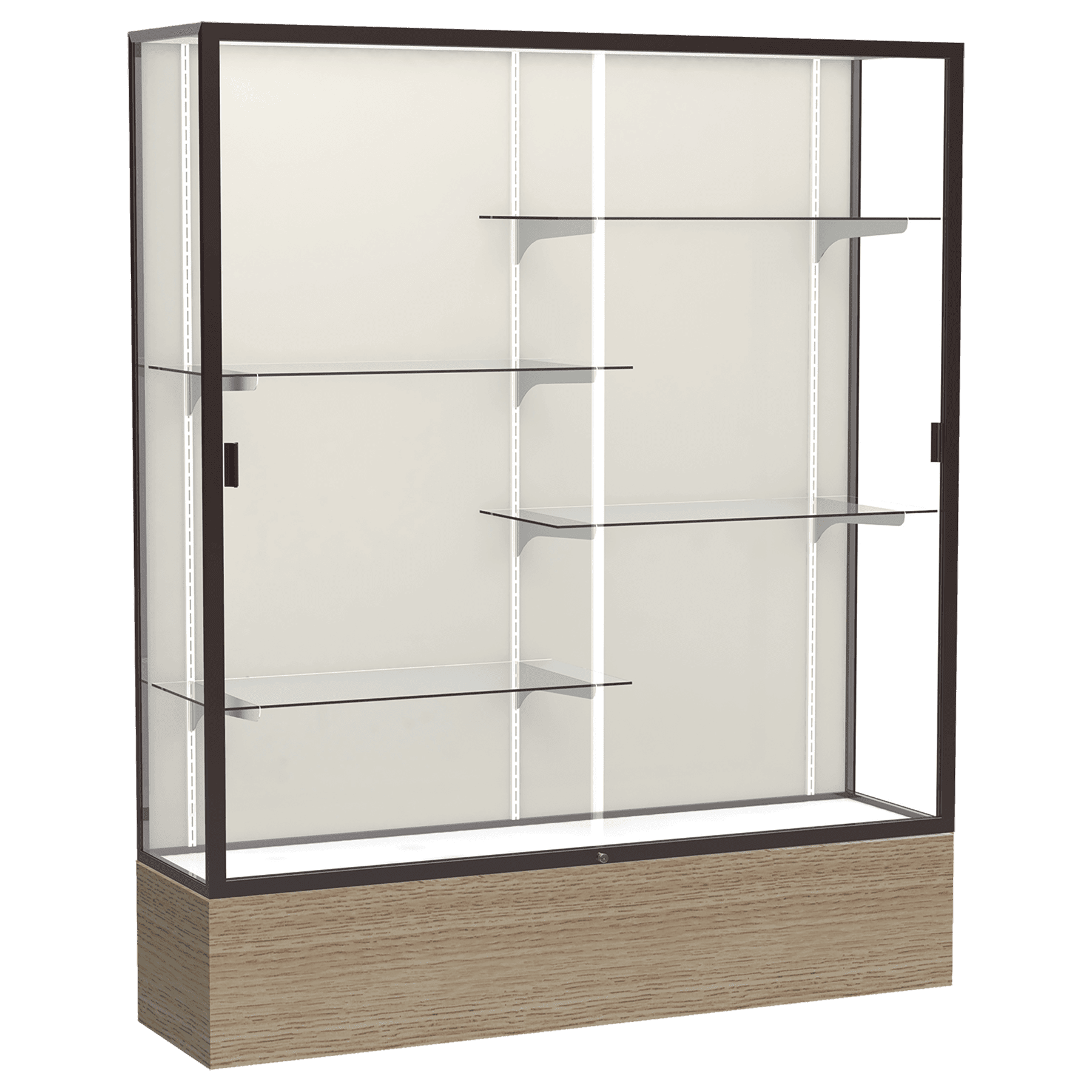 72"H x 60"W x 16"D Driftwood Oak Finish, Plaque Fabric Back, Dark Bronze Aluminum Frame, Reliant Display Case