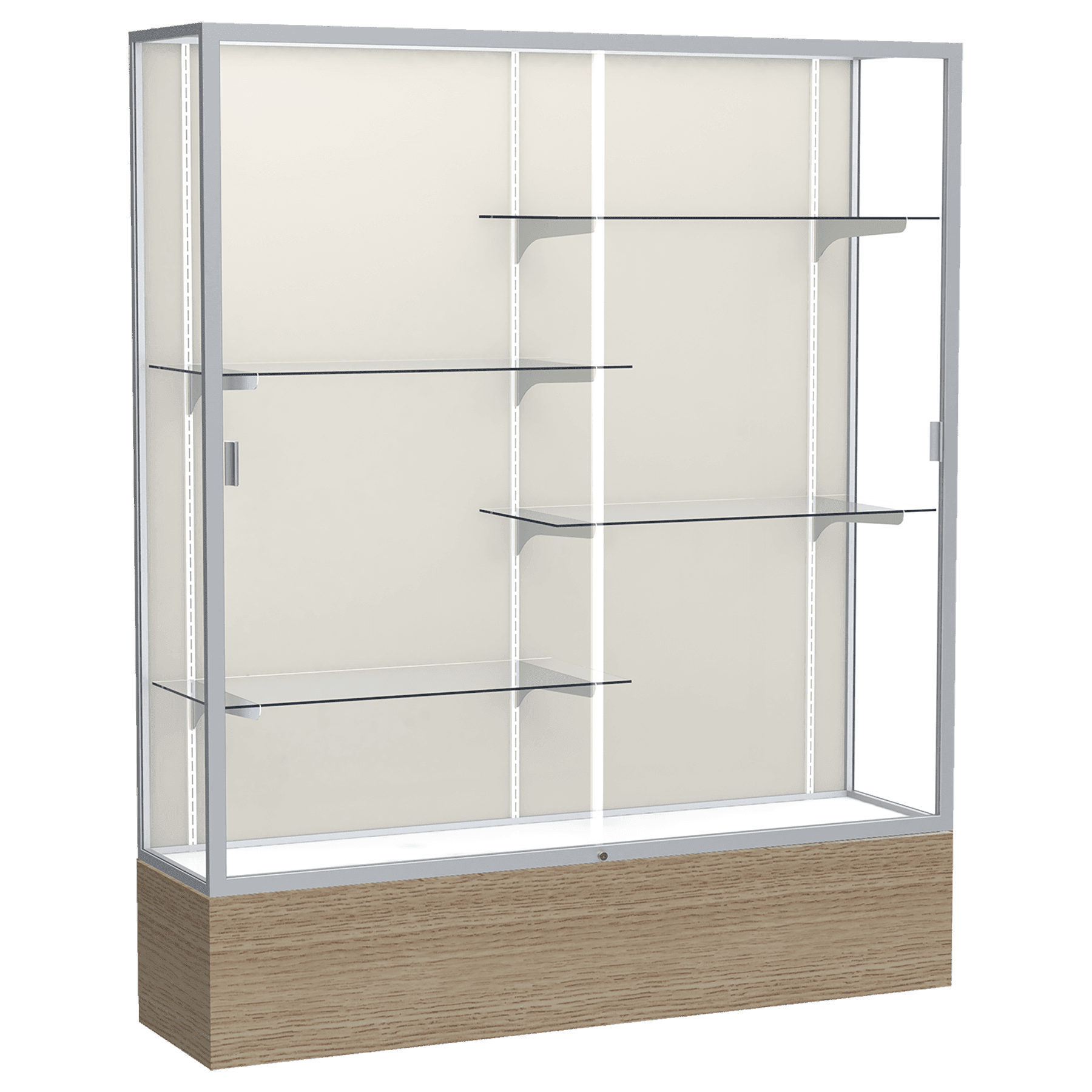 72"H x 60"W x 16"D Driftwood Oak Finish, Plaque Fabric Back, Satin Natural Aluminum Frame, Reliant Display Case