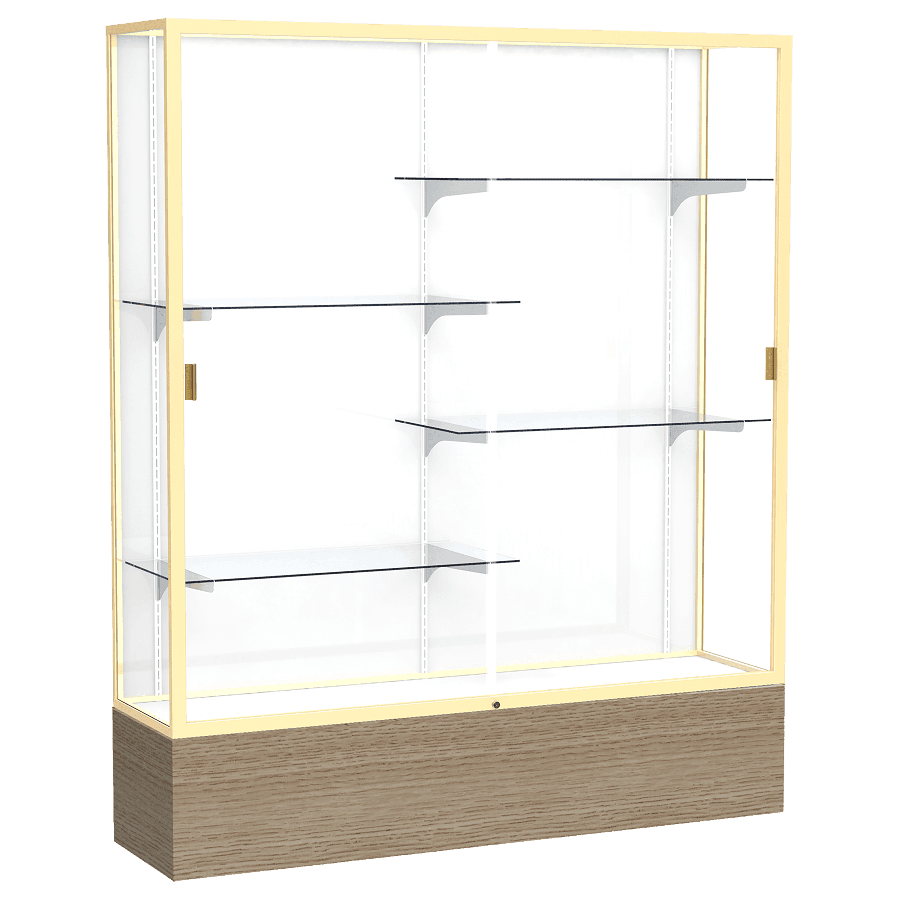 72"H x 60"W x 16"D Driftwood Oak Finish, White Laminate Back, Champagne Aluminum Frame, Reliant Display Case