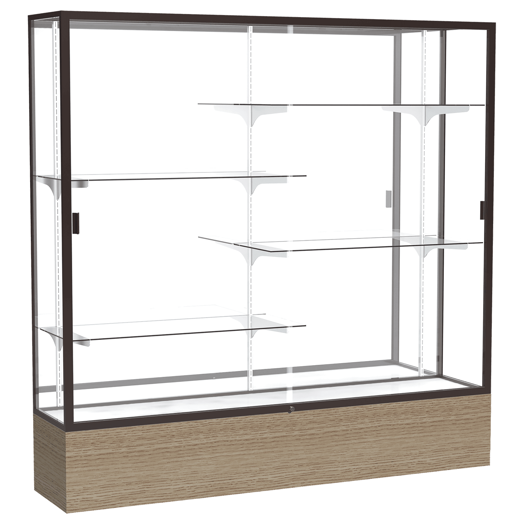 72"H x 72"W x 16"D Driftwood Oak Finish, Mirror Back, Dark Bronze Aluminum Frame, Reliant Display Case