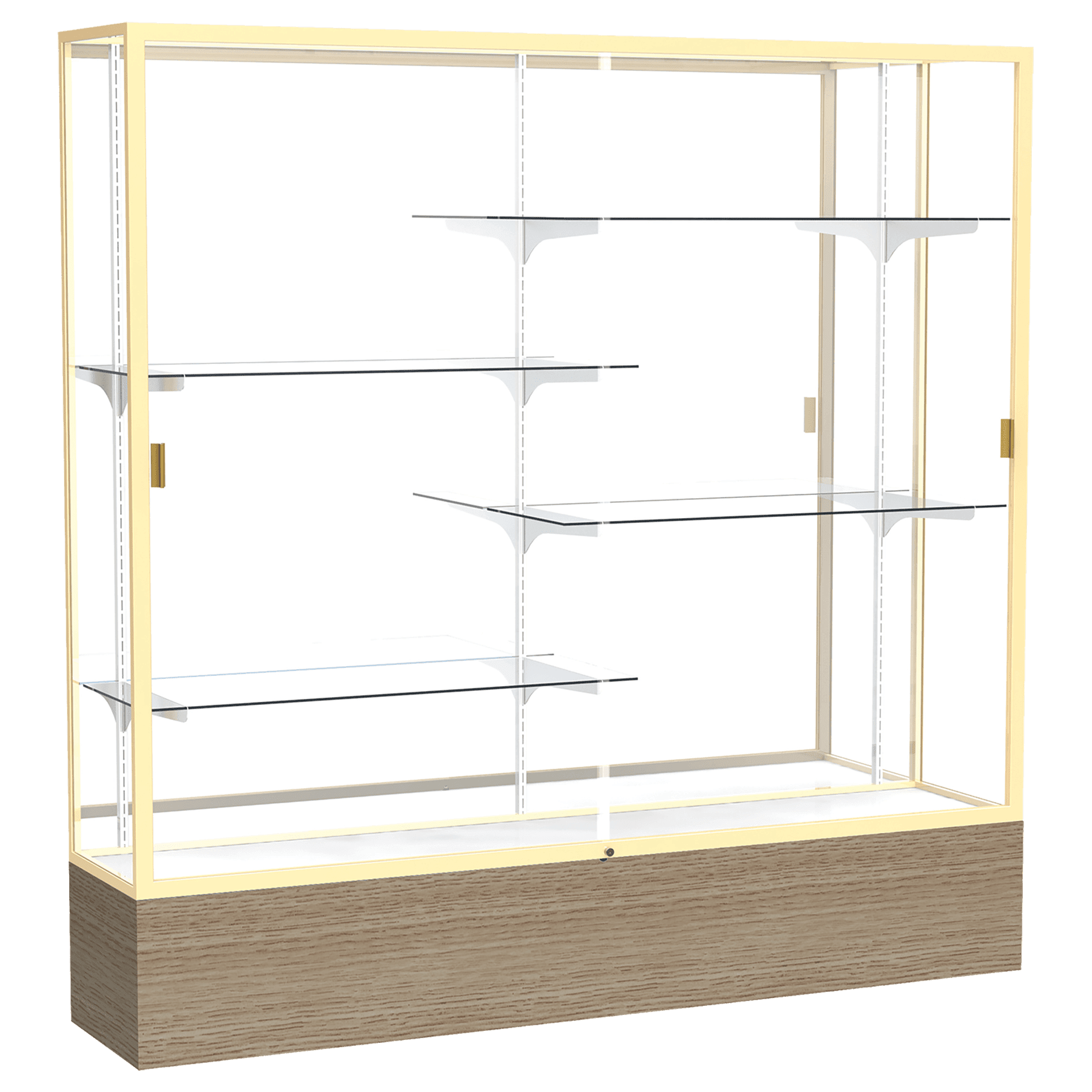 72"H x 72"W x 16"D Driftwood Oak Finish, Mirror Back, Champagne Aluminum Frame, Reliant Display Case