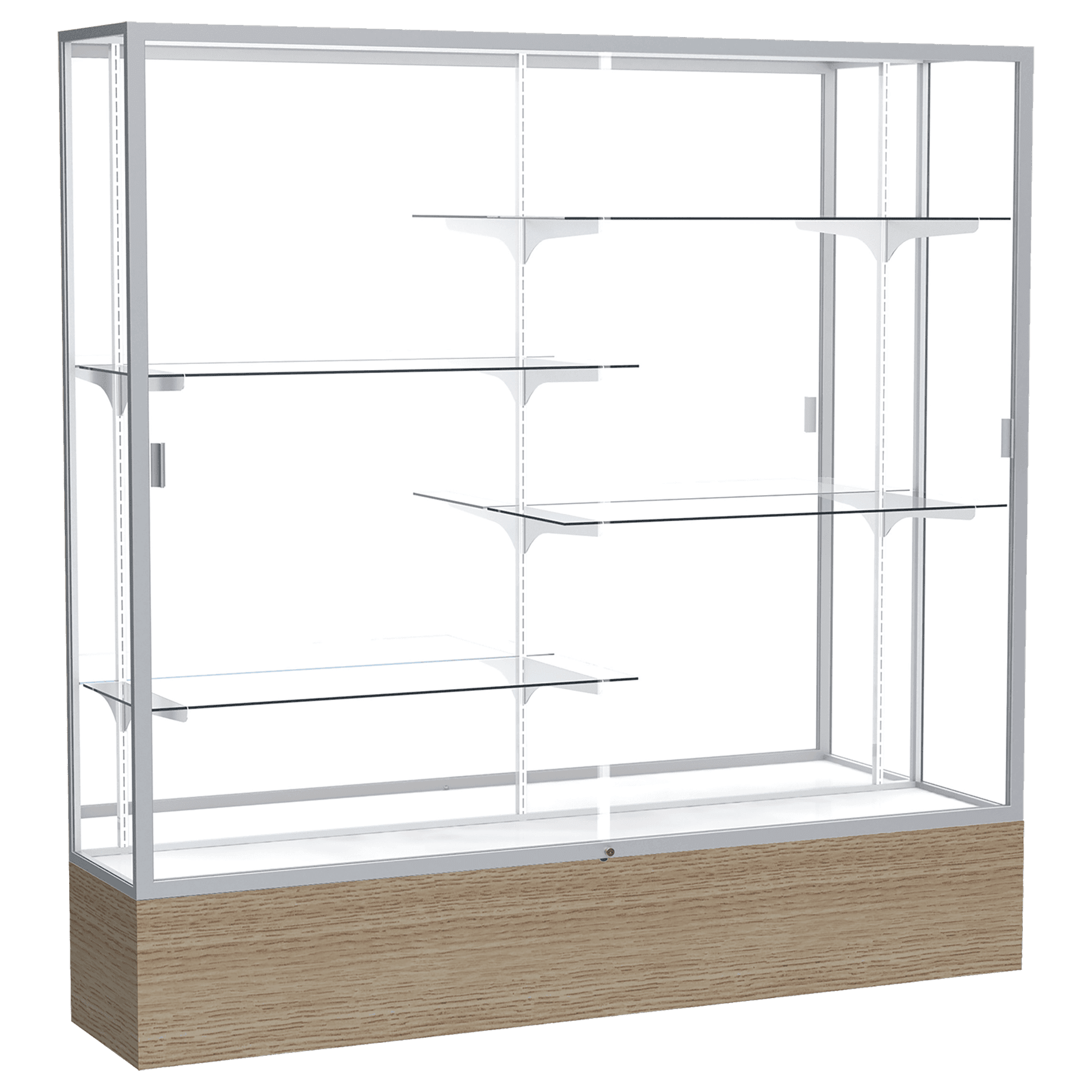 72"H x 72"W x 16"D Driftwood Oak Finish, Mirror Back, Satin Natural Aluminum Frame, Reliant Display Case