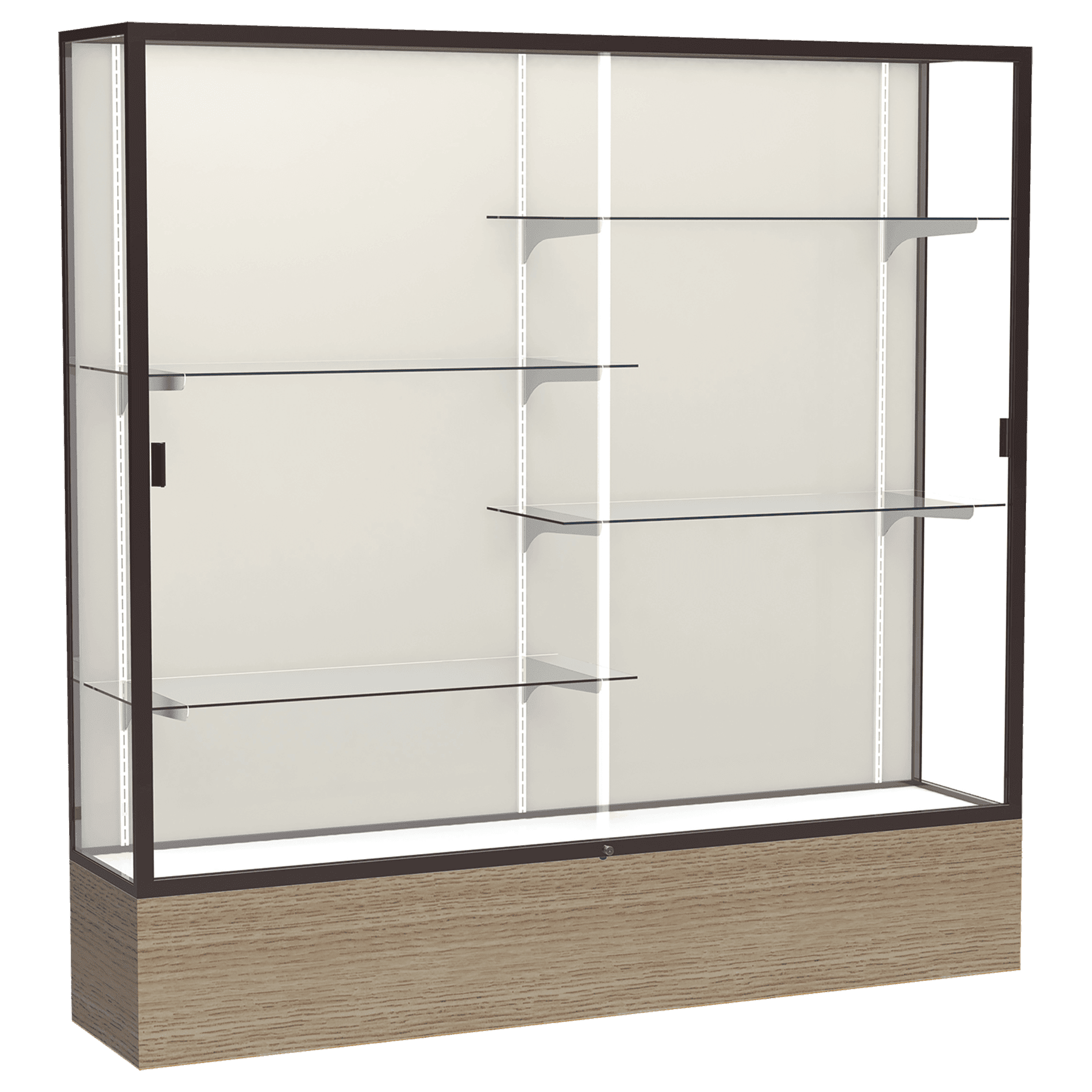 72"H x 72"W x 16"D Driftwood Oak Finish, Plaque Fabric Back, Dark Bronze Aluminum Frame, Reliant Display Case