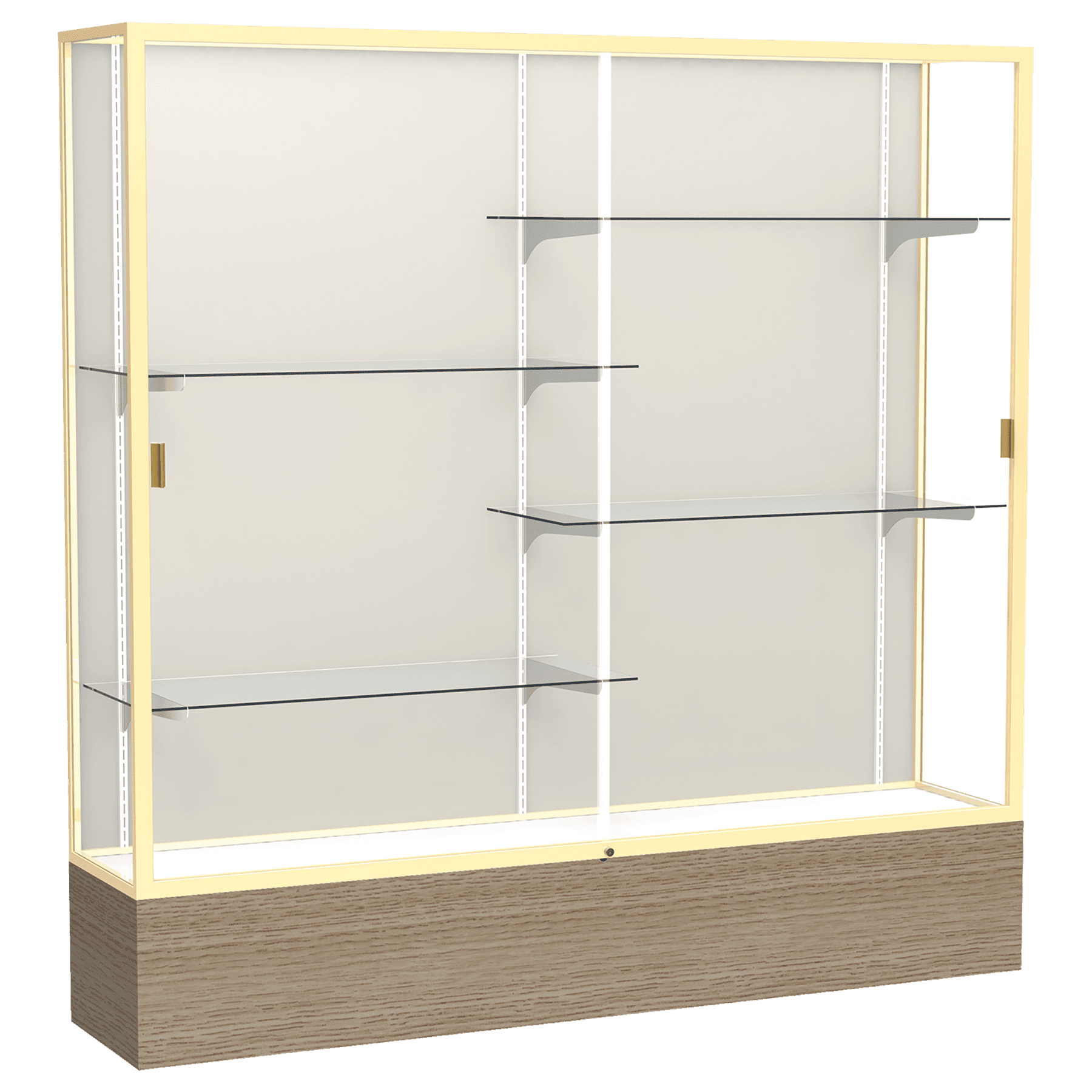 72"H x 72"W x 16"D Driftwood Oak Finish, Plaque Fabric Back, Champagne Aluminum Frame, Reliant Display Case