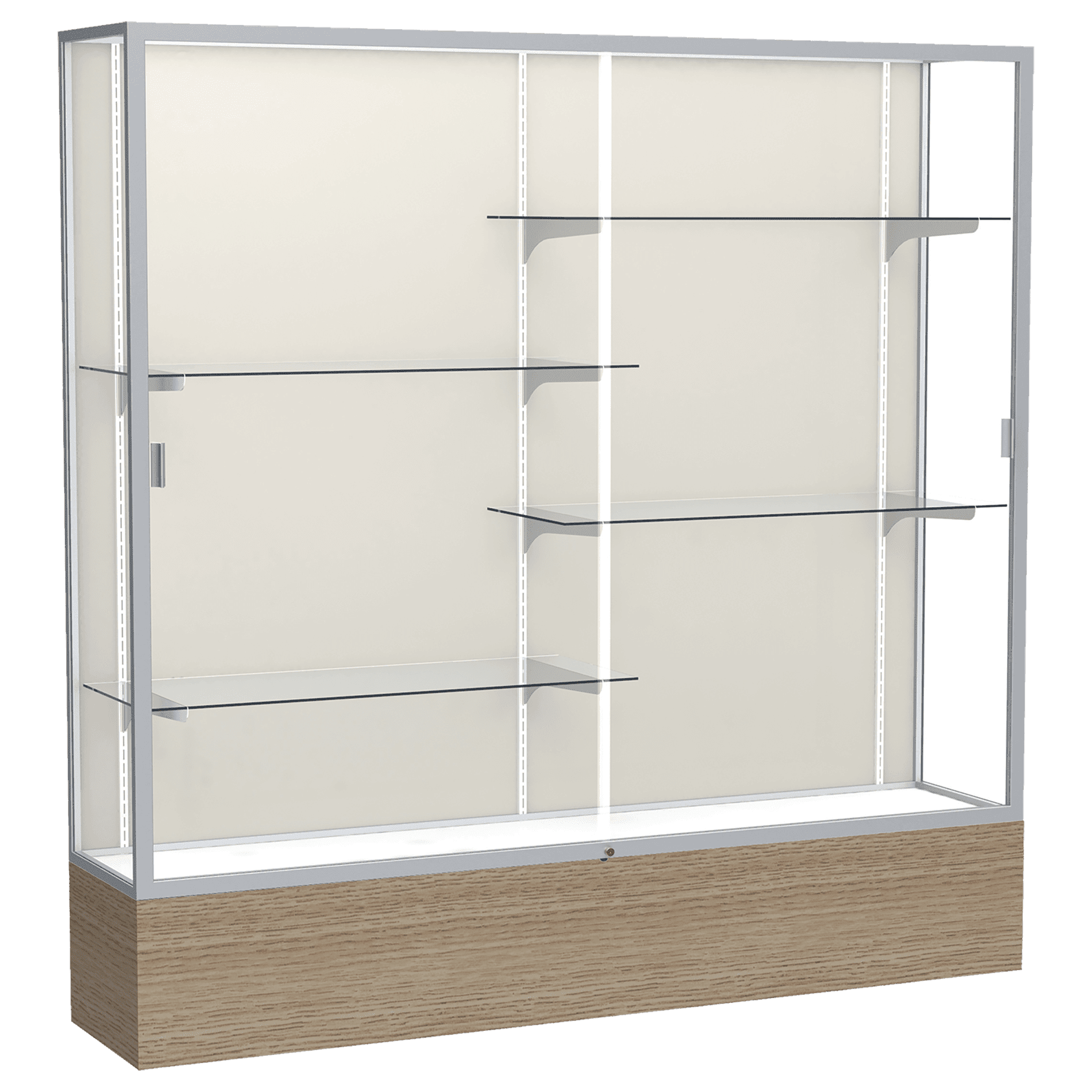 72"H x 72"W x 16"D Driftwood Oak Finish, Plaque Fabric Back, Satin Natural Aluminum Frame, Reliant Display Case