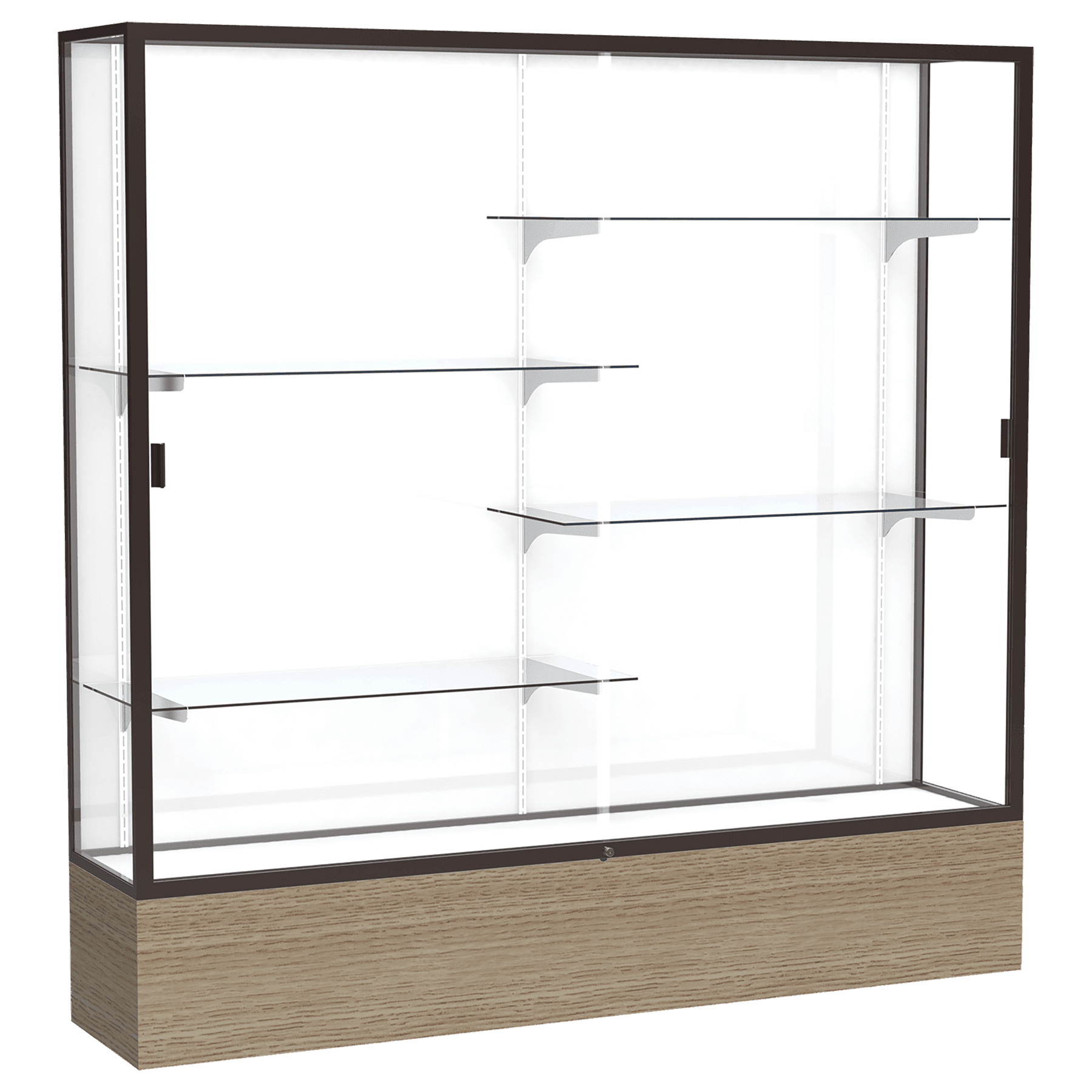 72"H x 72"W x 16"D Driftwood Oak Finish, White Laminate Back, Dark Bronze Aluminum Frame, Reliant Display Case