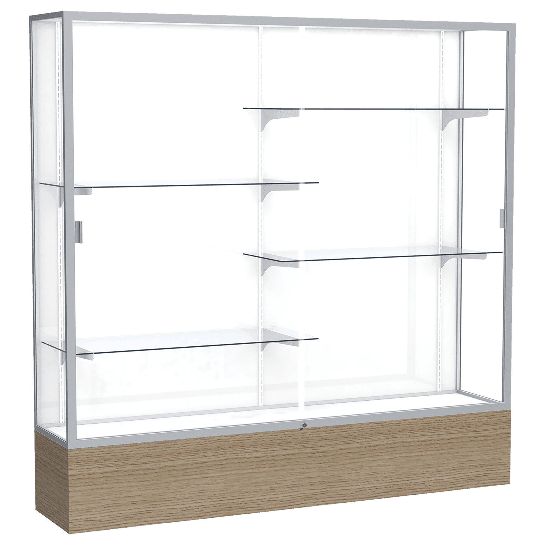 72"H x 72"W x 16"D Driftwood Oak Finish, White Laminate Back, Satin Natural Aluminum Frame, Reliant Display Case