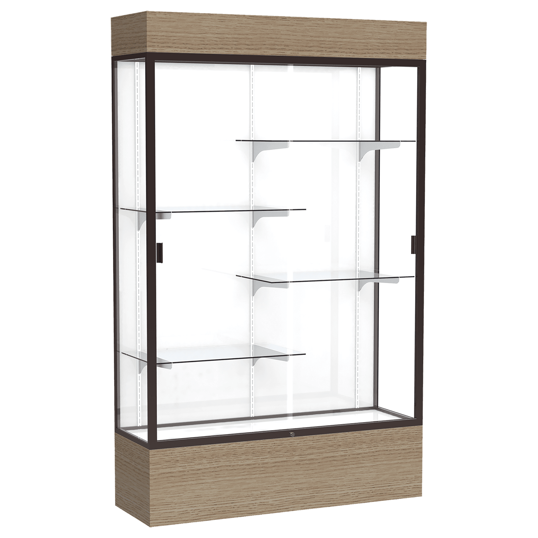 80"H x 48"W x 16"D Driftwood Oak Finish, White Laminate Back, Dark Bronze Aluminum Frame, Lighted, Reliant Display Case