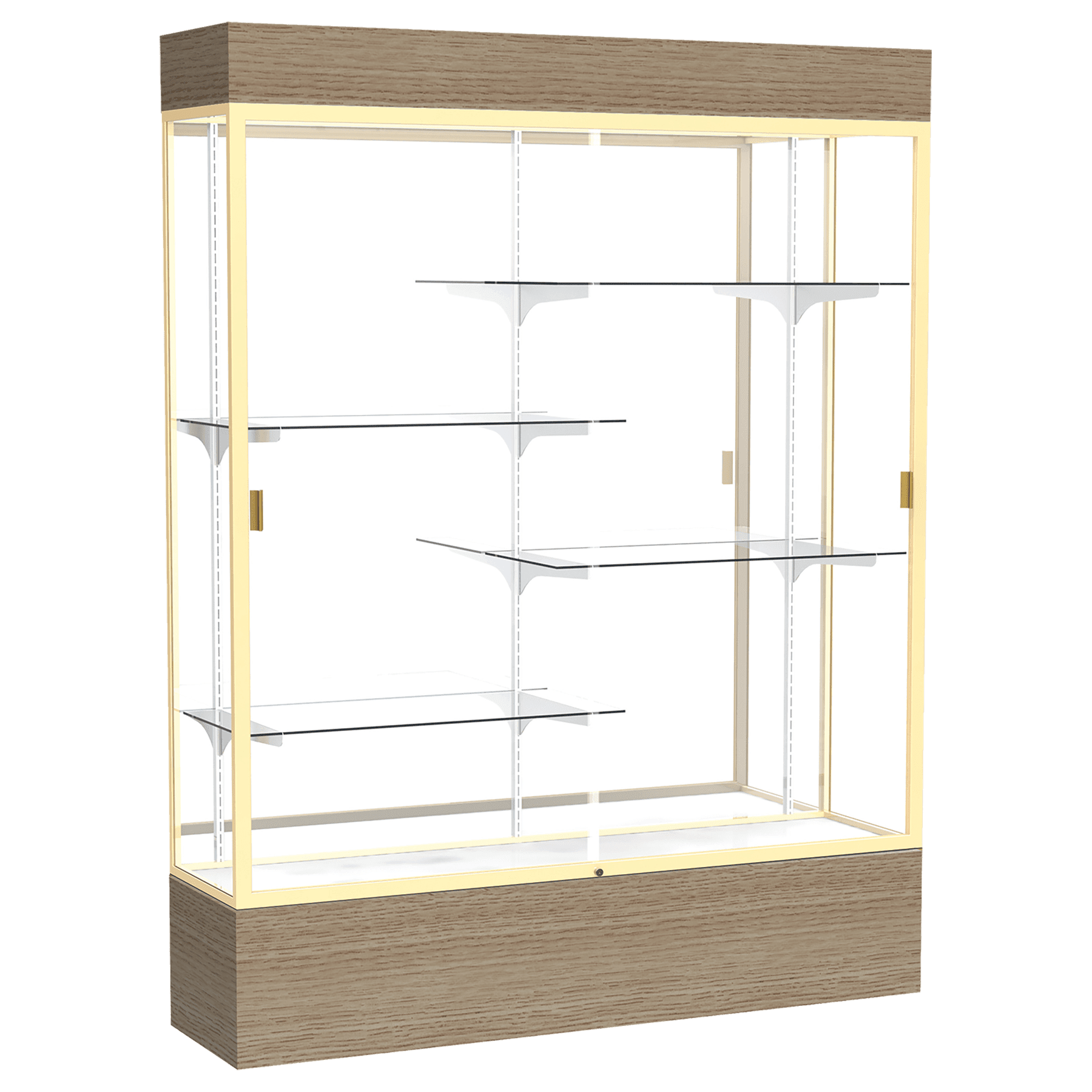 80"H x 60"W x 16"D Driftwood Oak Finish, Mirror Back, Champagne Aluminum Frame, Lighted, Reliant Display Case