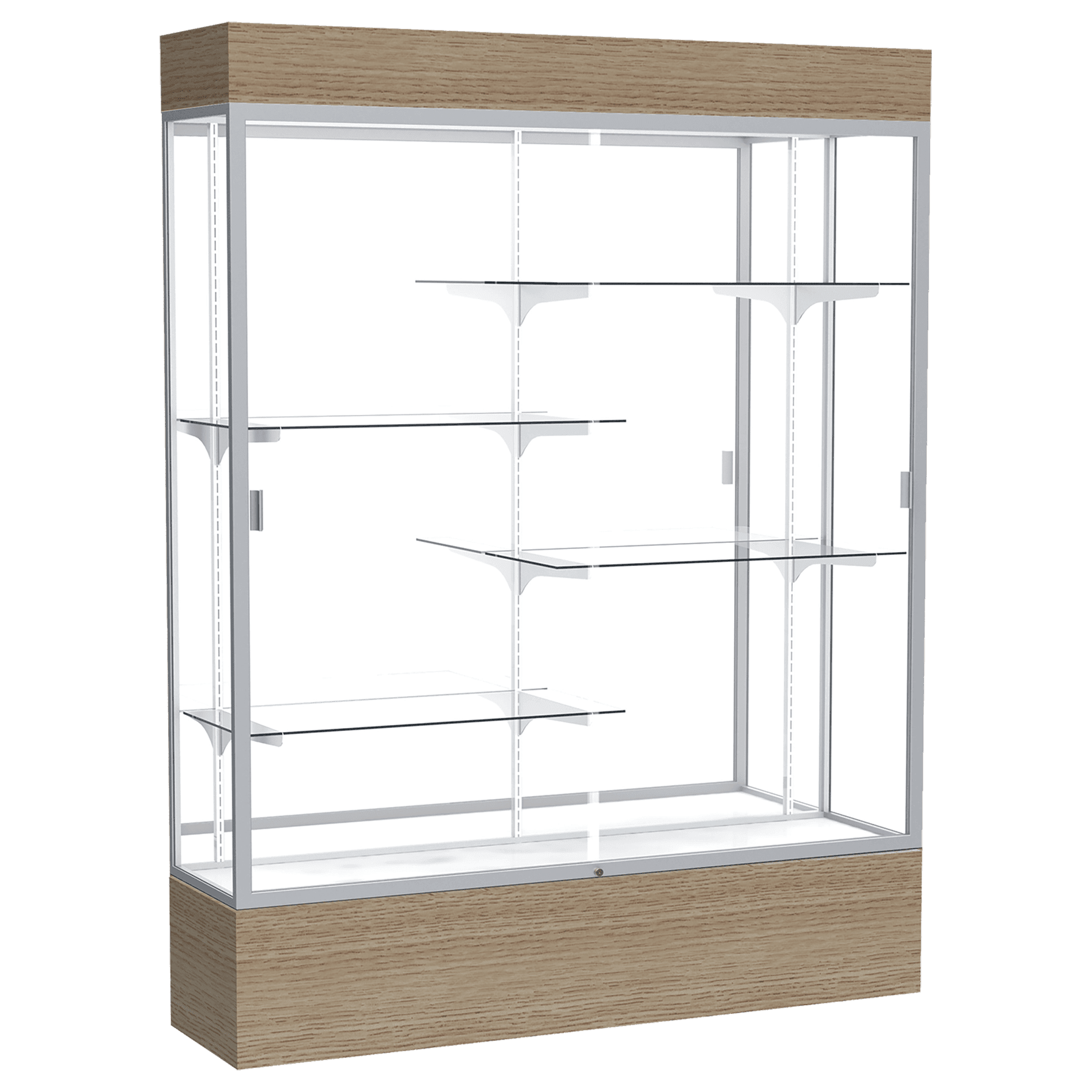 80"H x 60"W x 16"D Driftwood Oak Finish, Mirror Back, Satin Natural Aluminum Frame, Lighted, Reliant Display Case