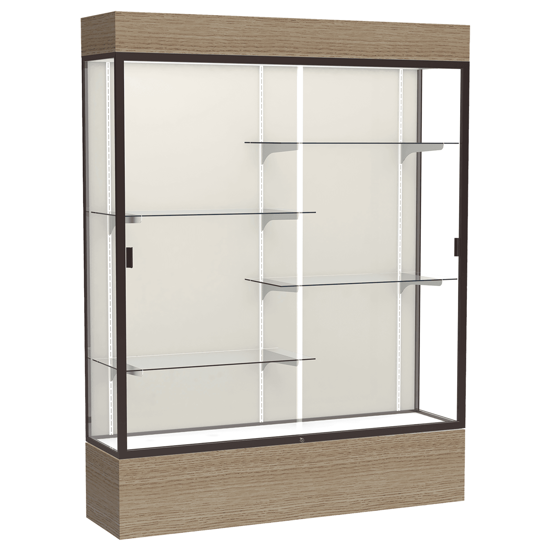 80"H x 60"W x 16"D Driftwood Oak Finish, Plaque Fabric Back, Dark Bronze Aluminum Frame, Lighted, Reliant Display Case