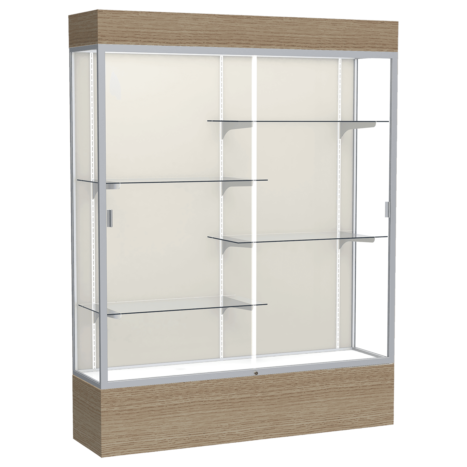 80"H x 60"W x 16"D Driftwood Oak Finish, Plaque Fabric Back, Satin Natural Aluminum Frame, Lighted, Reliant Display Case