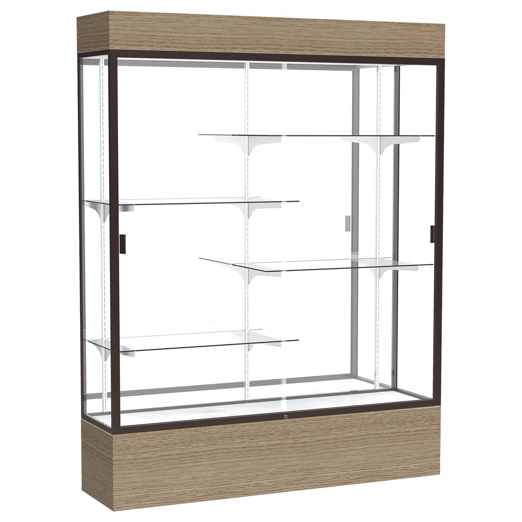 80"H x 60"W x 16"D Driftwood Oak Finish, White Laminate Back, Dark Bronze Aluminum Frame, Lighted, Reliant Display Case