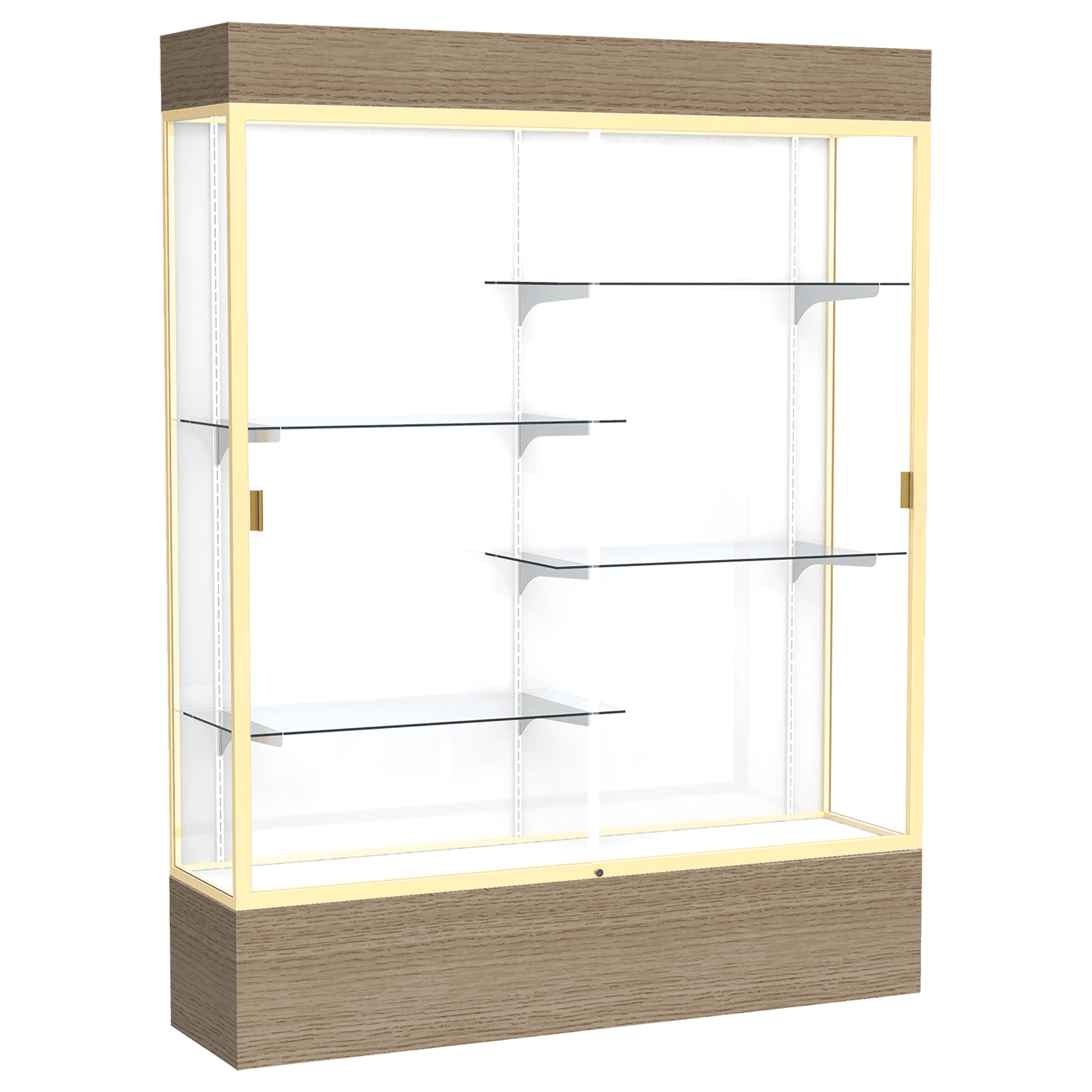 80"H x 60"W x 16"D Driftwood Oak Finish, White Laminate Back, Champagne Aluminum Frame, Lighted, Reliant Display Case