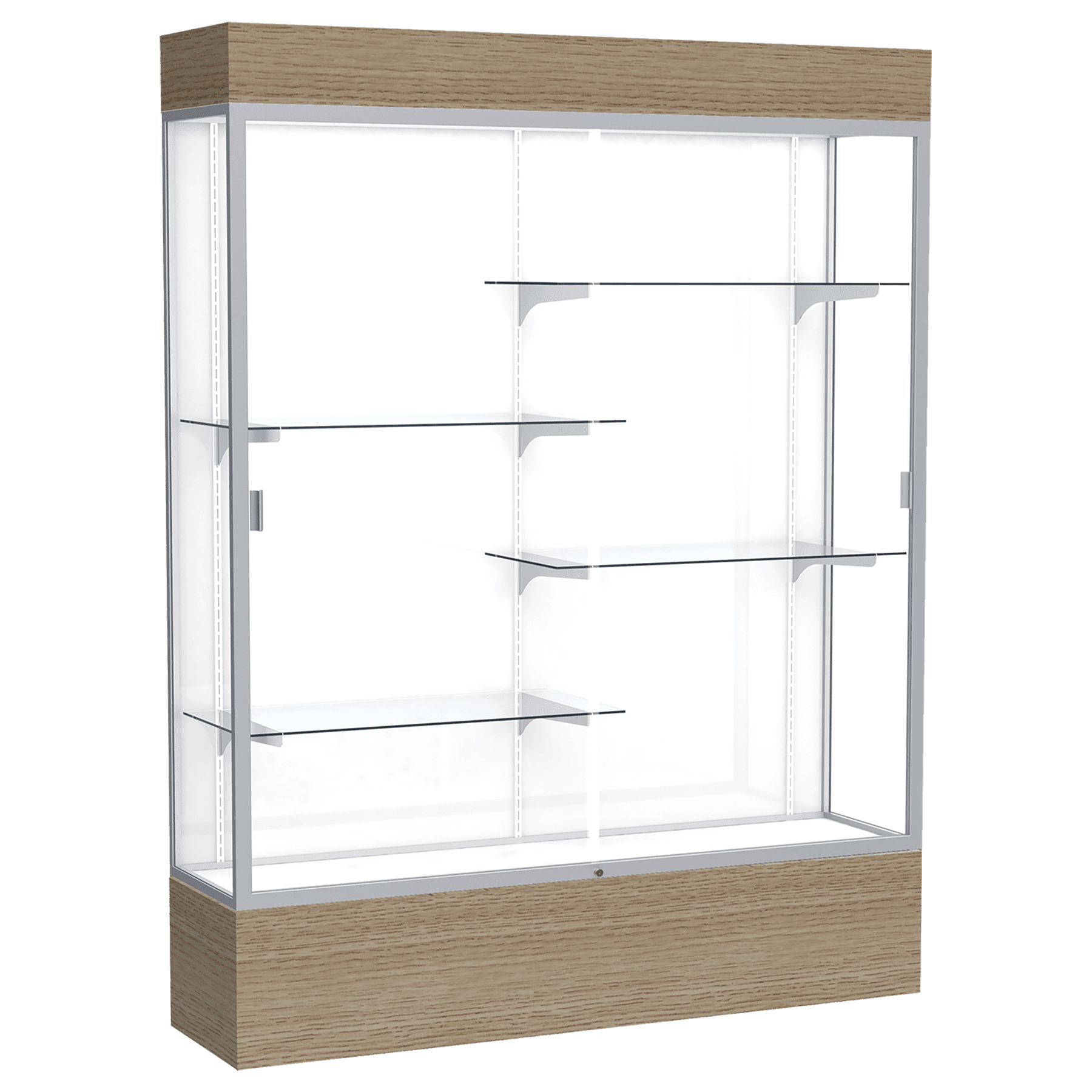 80"H x 60"W x 16"D Driftwood Oak Finish, White Laminate Back, Satin Natural Aluminum Frame, Lighted, Reliant Display Case