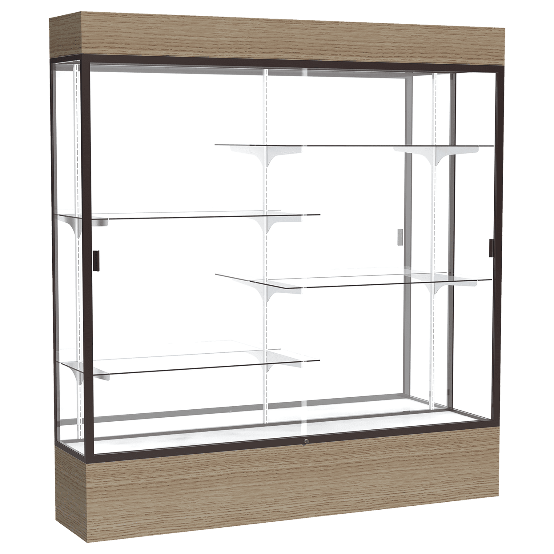 80"H x 72"W x 16"D Driftwood Oak Finish, Mirror Back, Dark Bronze Aluminum Frame, Lighted, Reliant Display Case
