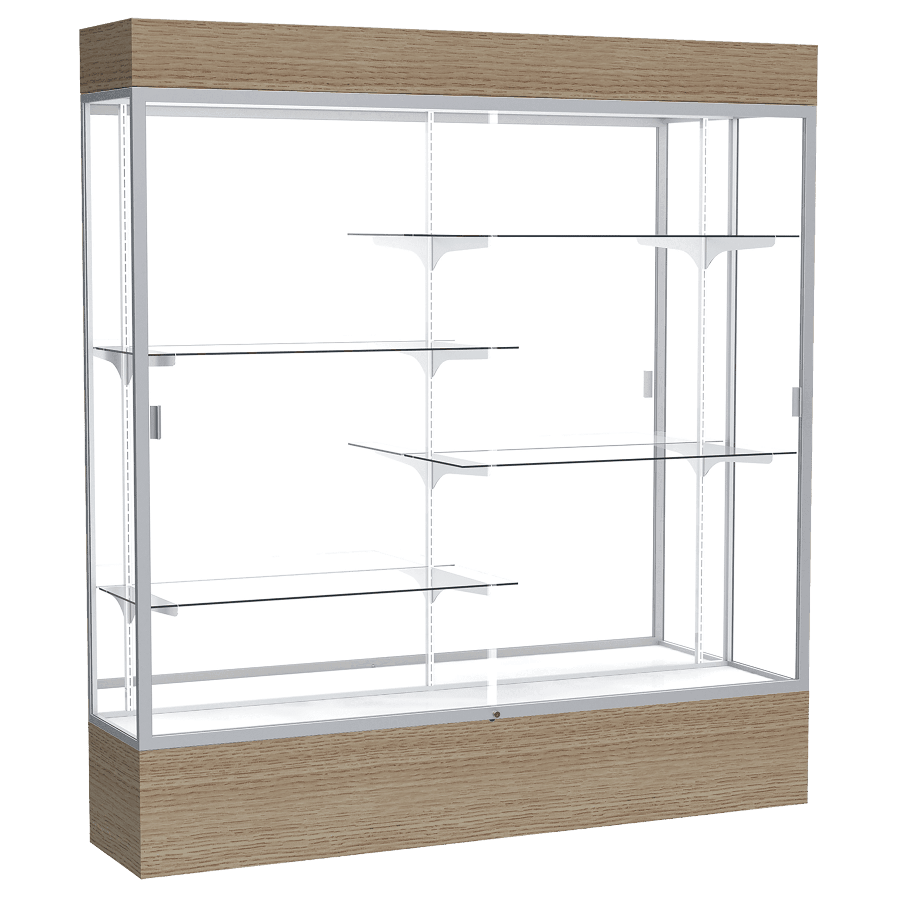 80"H x 72"W x 16"D Driftwood Oak Finish, Mirror Back, Satin Natural Aluminum Frame, Lighted, Reliant Display Case