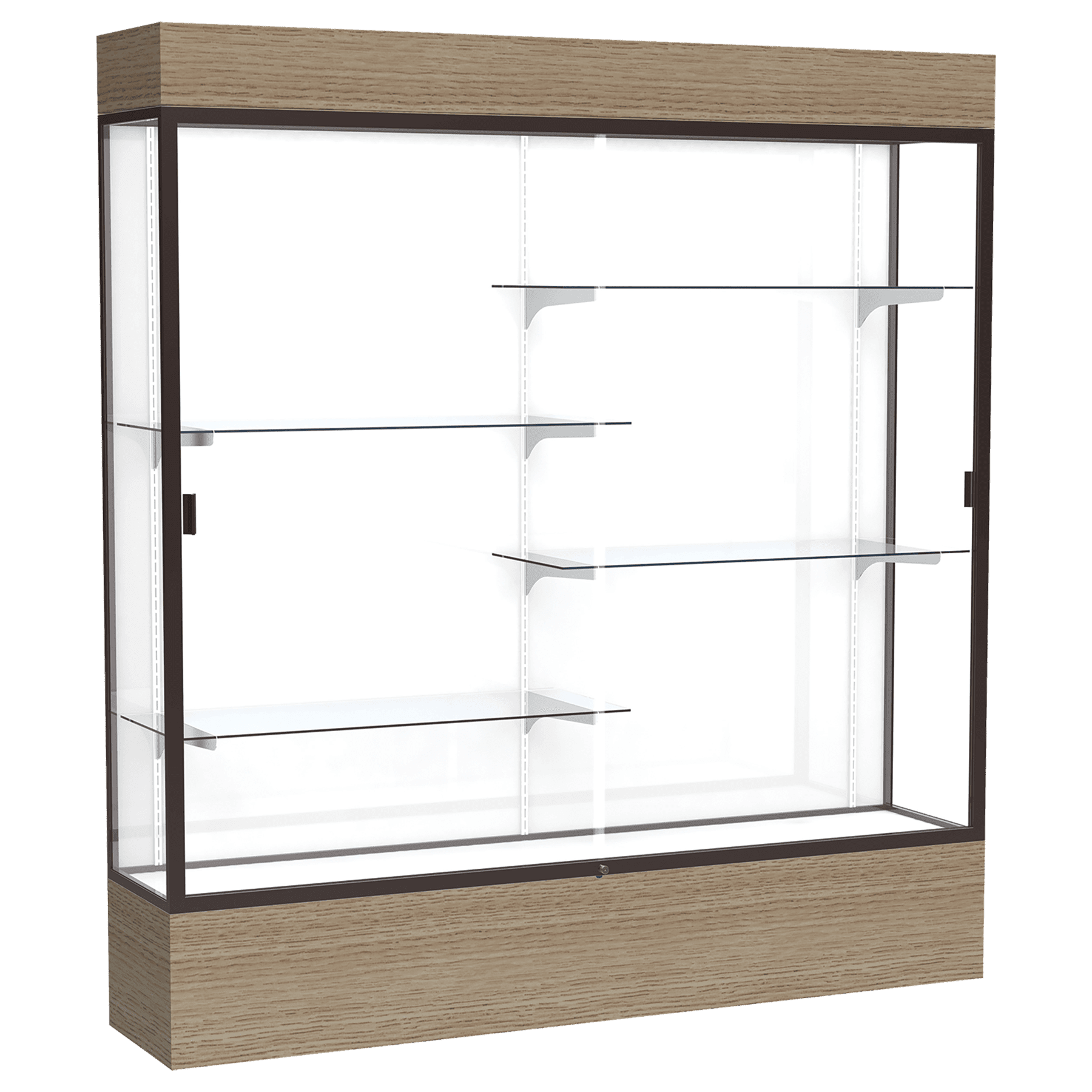 80"H x 72"W x 16"D Driftwood Oak Finish, White Laminate Back, Dark Bronze Aluminum Frame, Lighted, Reliant Display Case