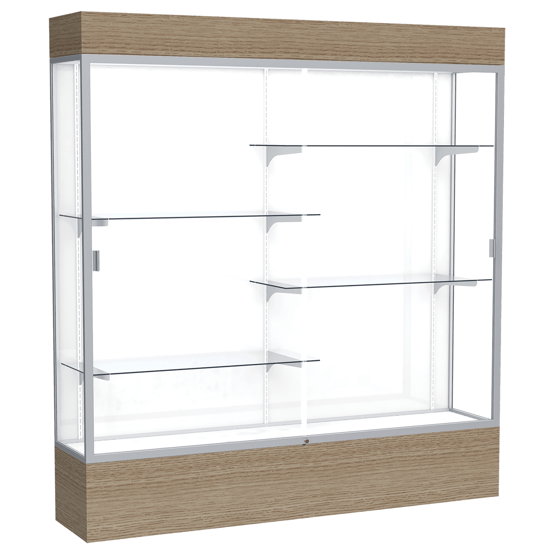 80"H x 72"W x 16"D Driftwood Oak Finish, White Laminate Back, Satin Natural Aluminum Frame, Lighted, Reliant Display Case