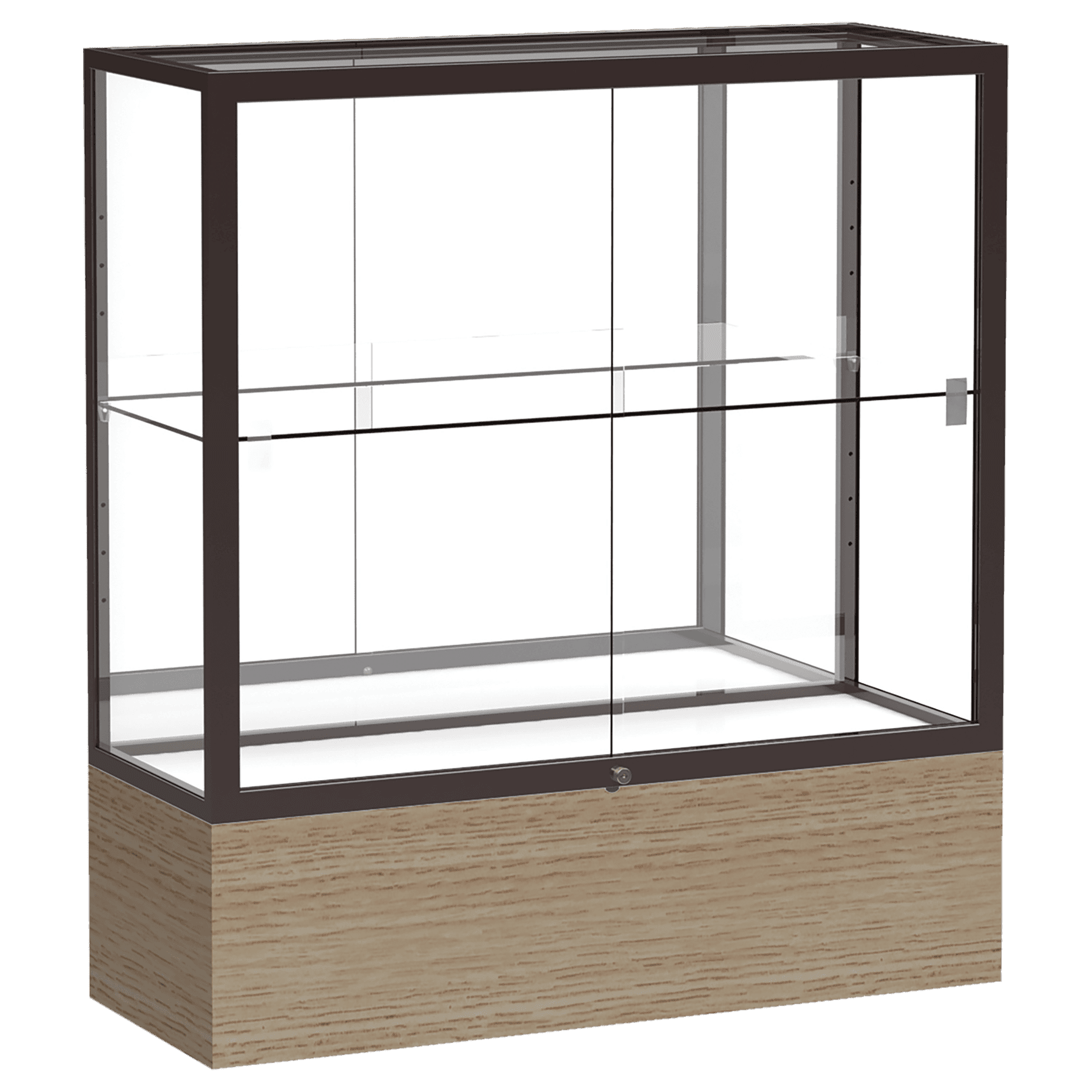 40"H x 36"W x 14"D Driftwood Oak Finish, Mirror Back, Dark Bronze Aluminum Frame, Reliant Display Case