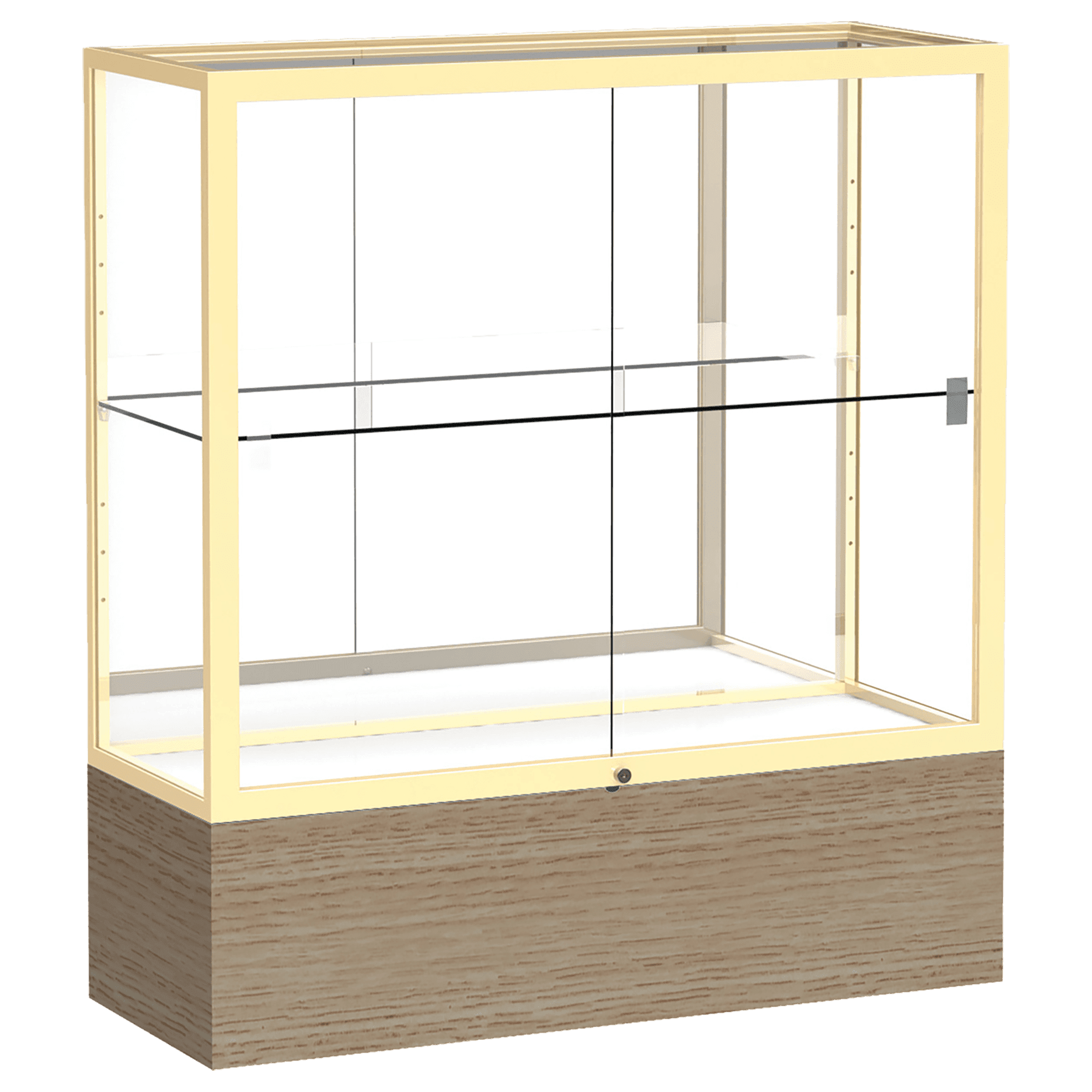 40"H x 36"W x 14"D Driftwood Oak Finish, Mirror Back, Champagne Aluminum Frame, Reliant Display Case