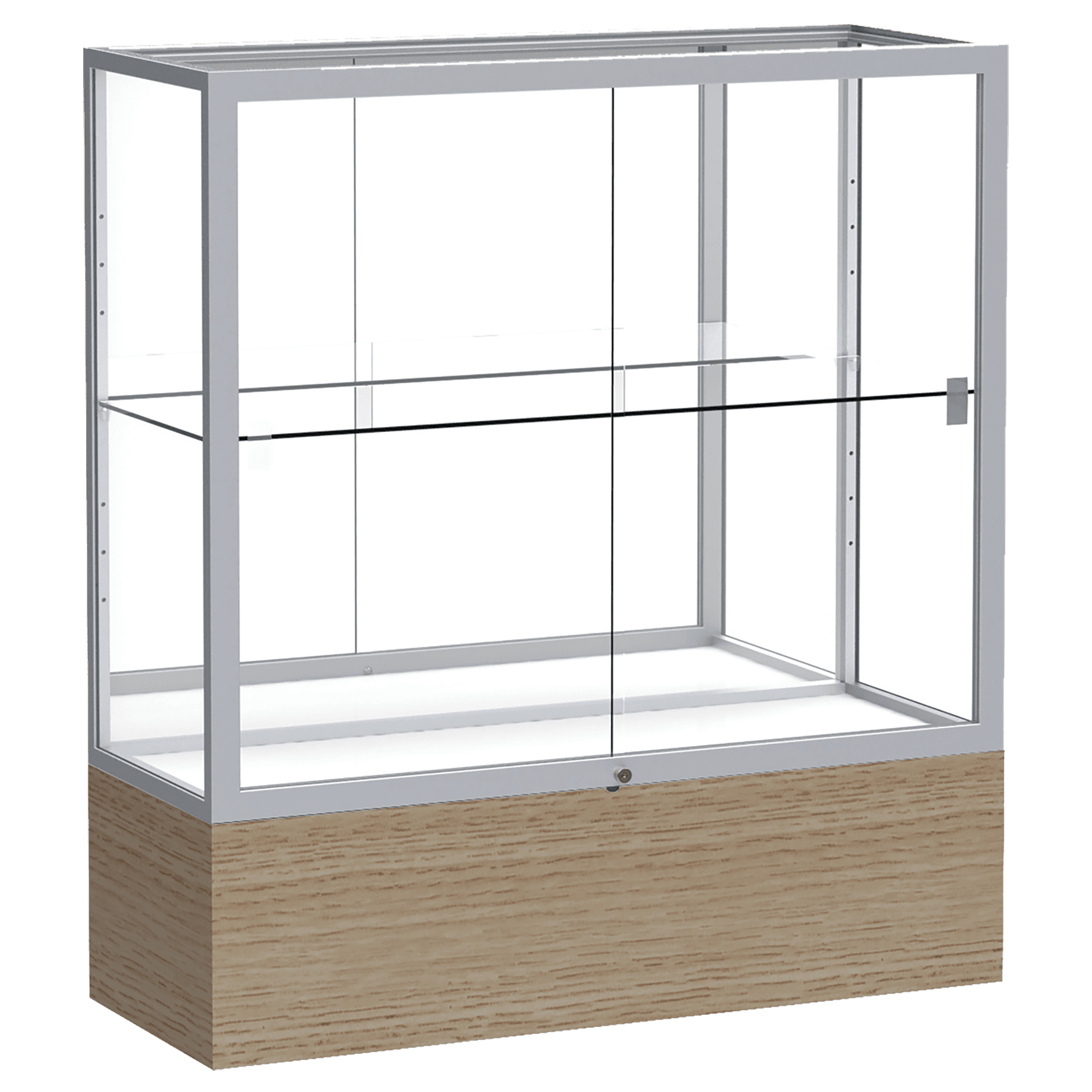 40"H x 36"W x 14"D Driftwood Oak Finish, Mirror Back, Satin Natural Aluminum Frame, Reliant Display Case