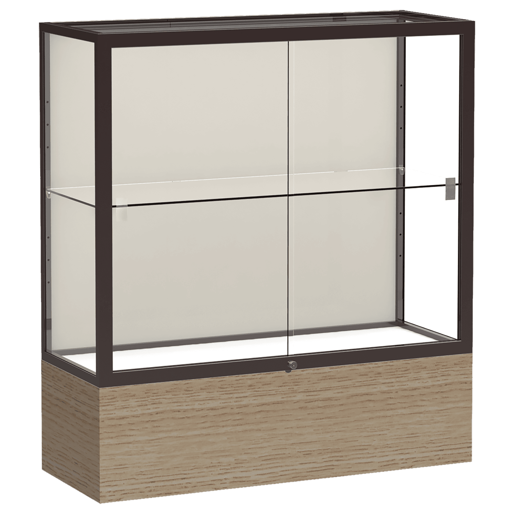 40"H x 36"W x 14"D Driftwood Oak Finish, Plaque Fabric Back, Dark Bronze Aluminum Frame, Reliant Display Case