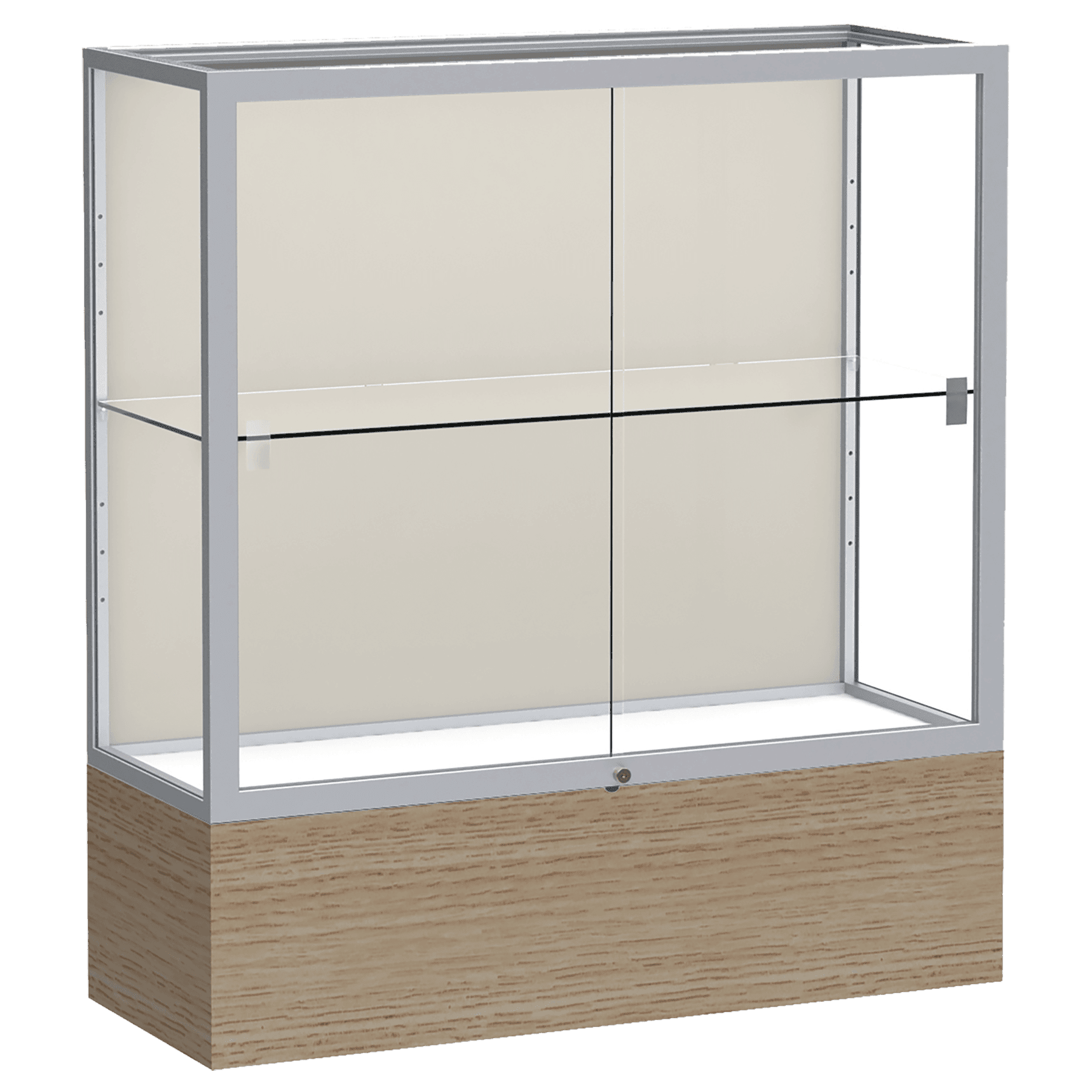 40"H x 36"W x 14"D Driftwood Oak Finish, Plaque Fabric Back, Satin Natural Aluminum Frame, Reliant Display Case