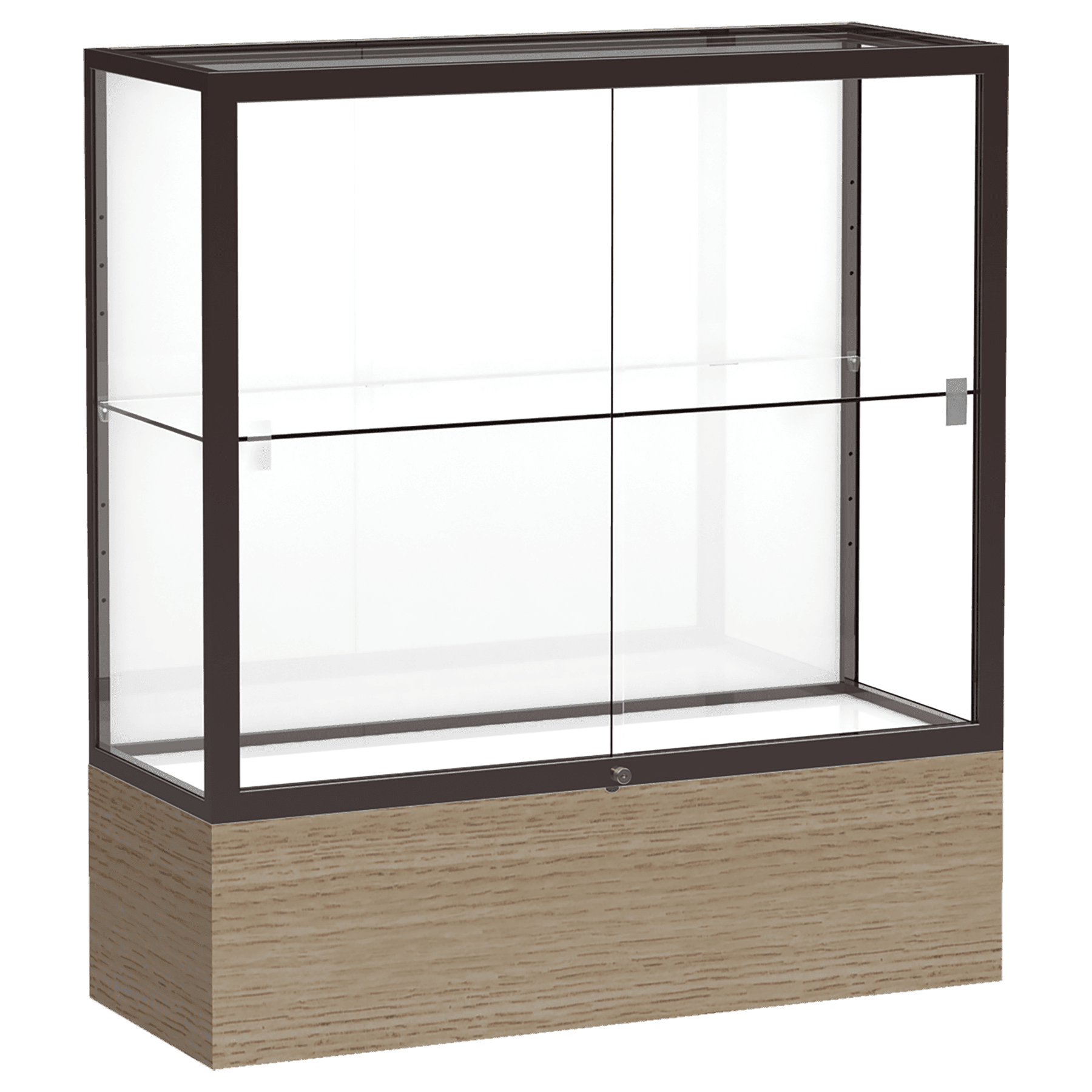 40"H x 36"W x 14"D Driftwood Oak Finish, White Laminate Back, Dark Bronze Aluminum Frame, Reliant Display Case