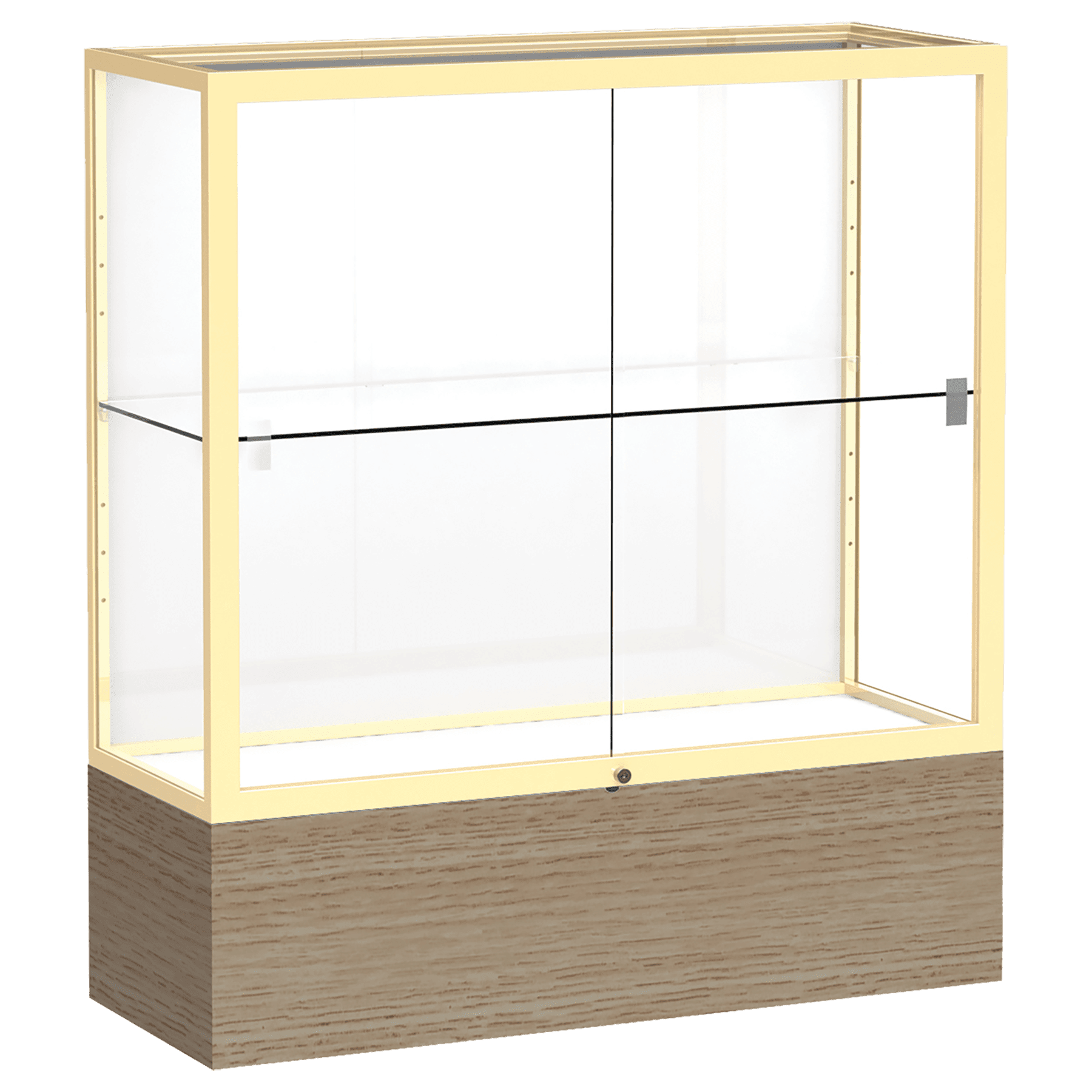 40"H x 36"W x 14"D Driftwood Oak Finish, White Laminate Back, Champagne Aluminum Frame, Reliant Display Case