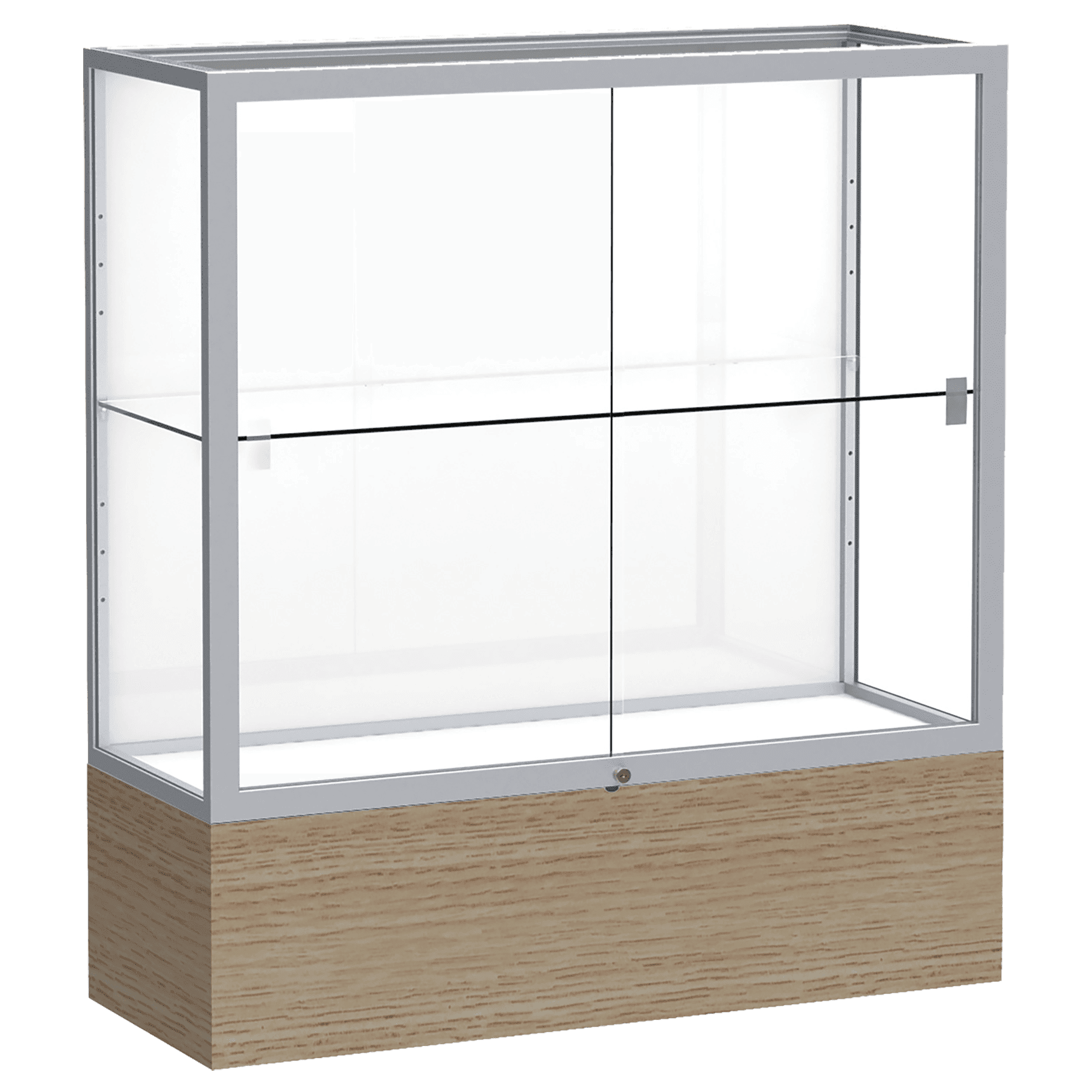 40"H x 36"W x 14"D Driftwood Oak Finish, White Laminate Back, Satin Natural Aluminum Frame, Reliant Display Case